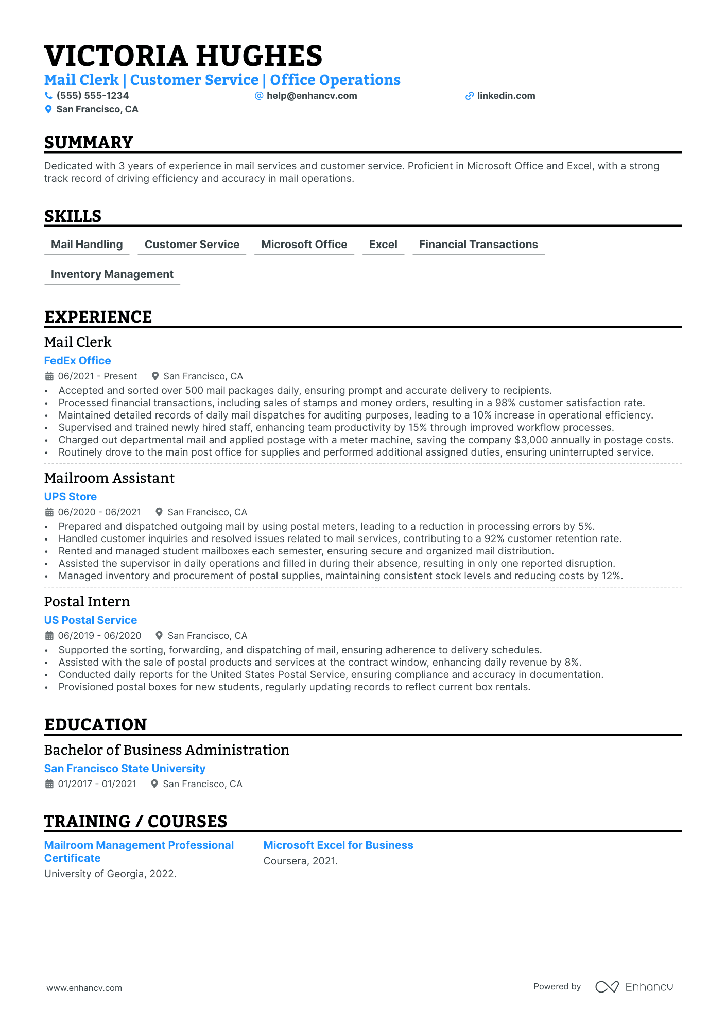 Postal Service Clerk resume example