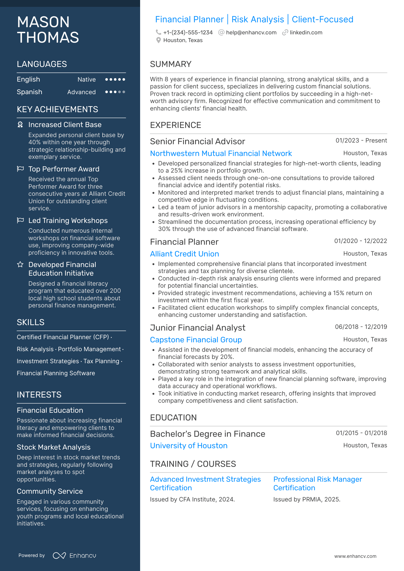 Certified Financial Planner resume example