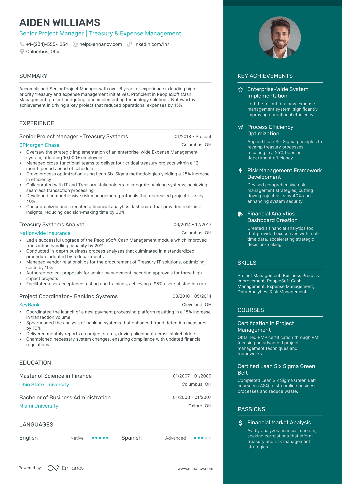 A two column resume template with a wider column for experience and a narrower, aqua colored column for your highlights.