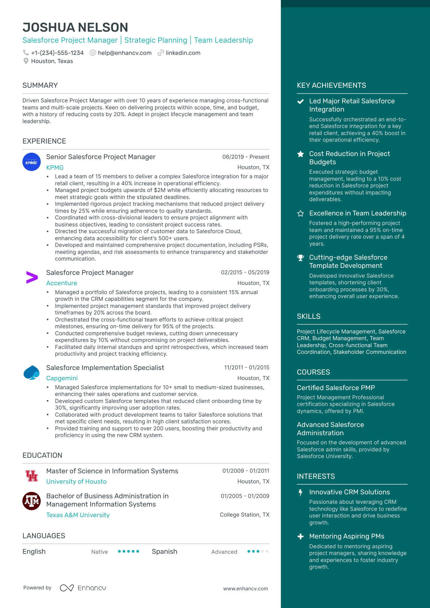 A two column resume template with a wider column for experience and a narrower, aqua colored column for your highlights.