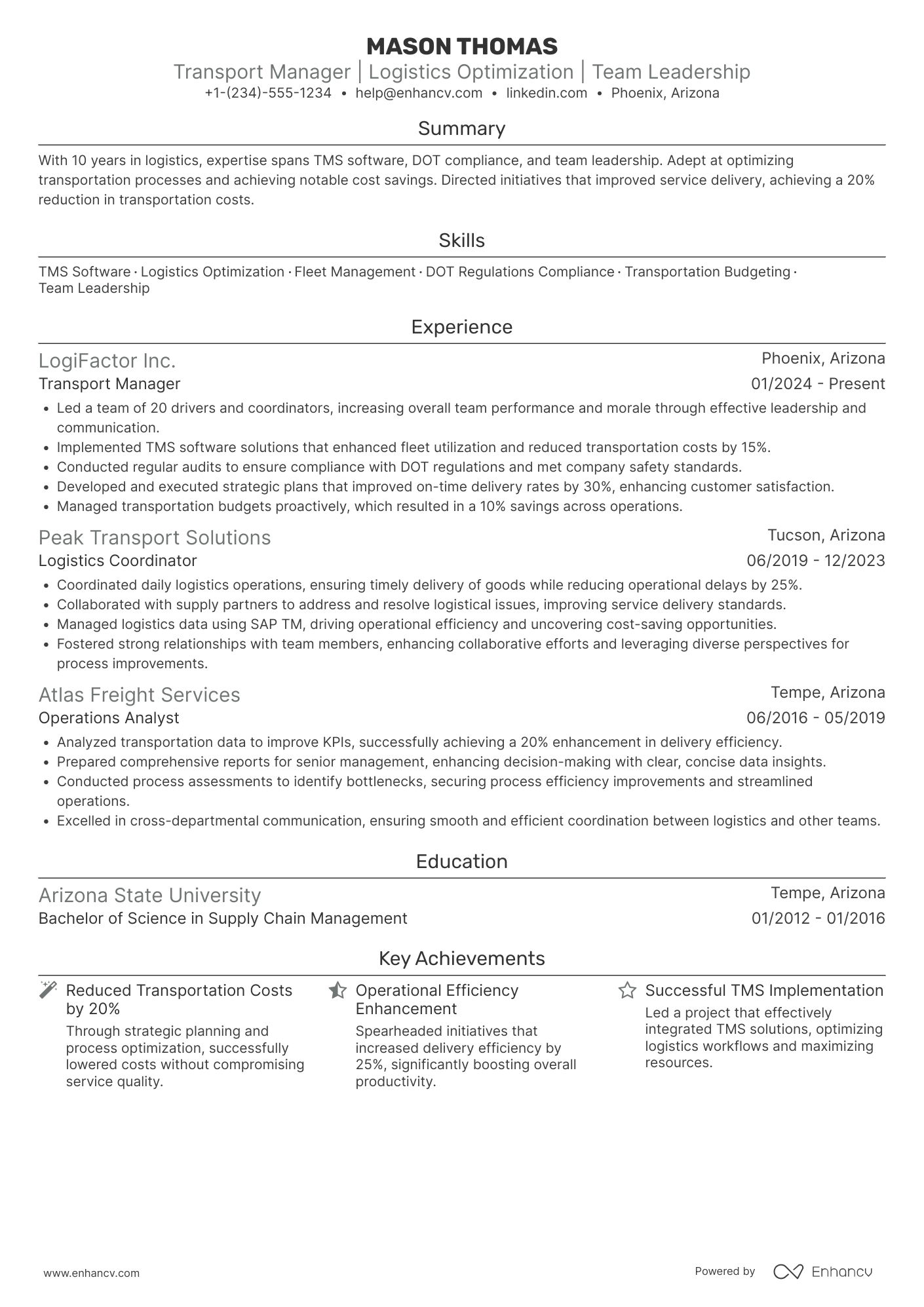 Transport Manager resume example