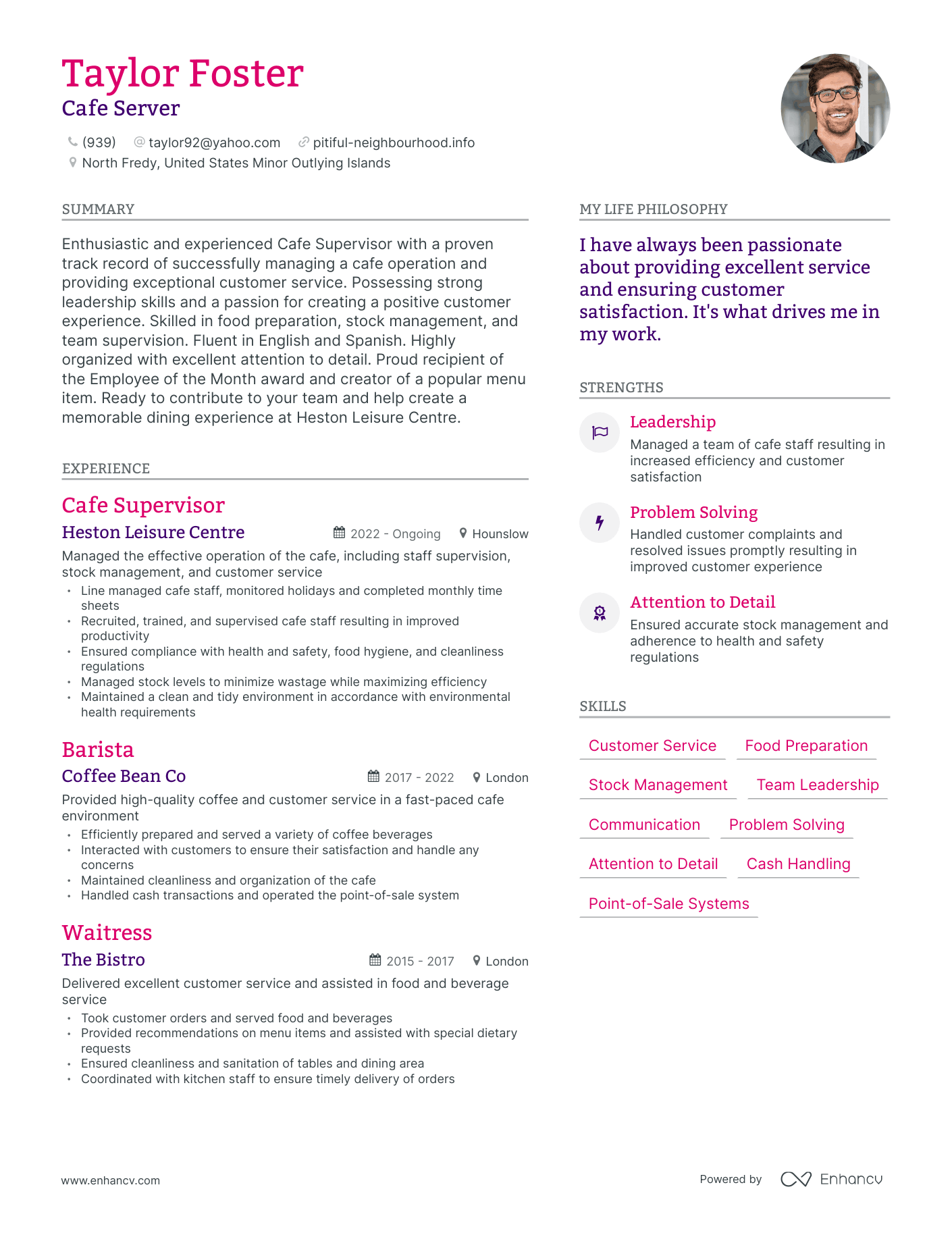 Cafe Server resume example
