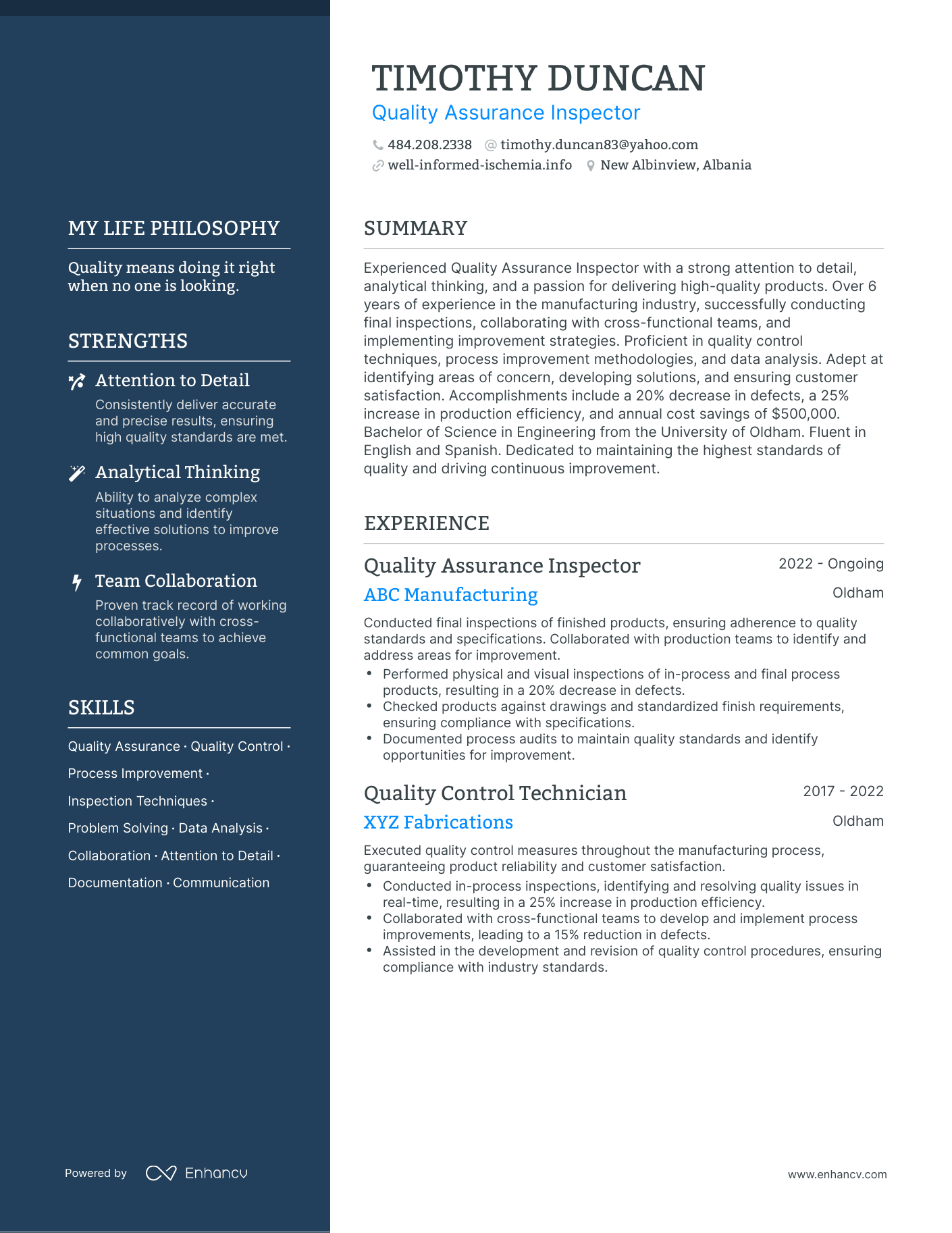 Quality Assurance Inspector resume example