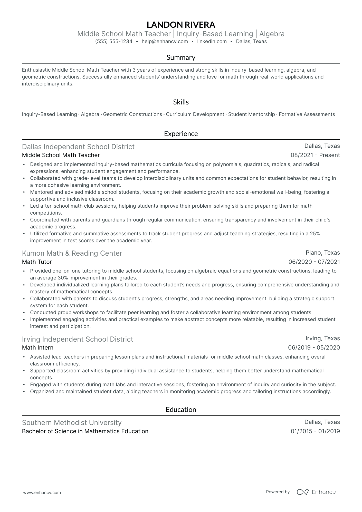 Math Teacher resume example