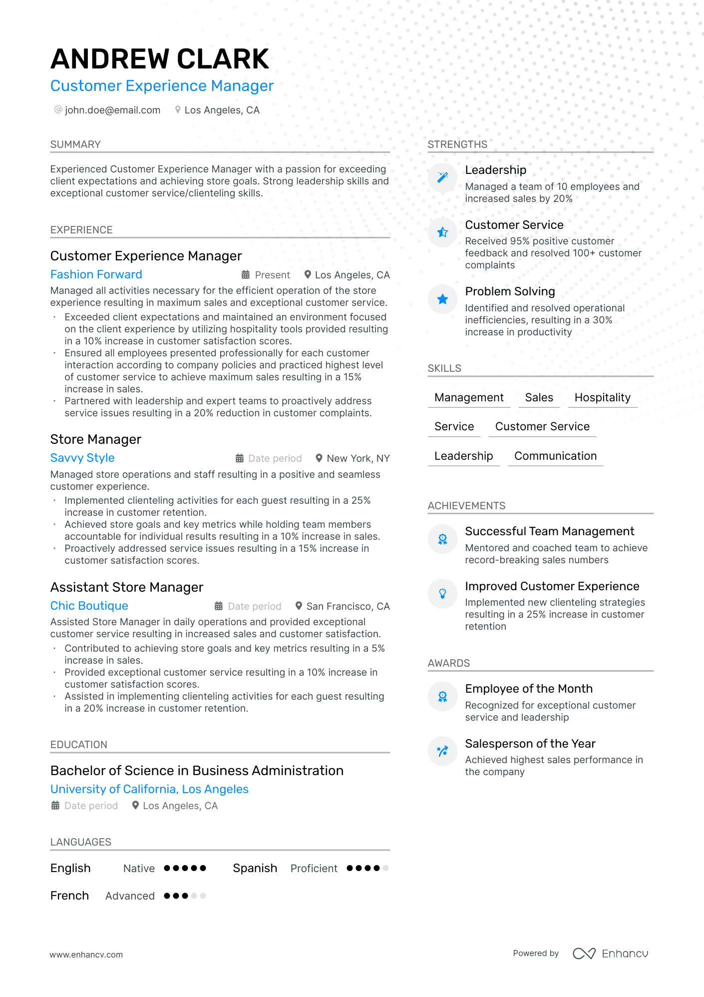 customer experience manager resume example