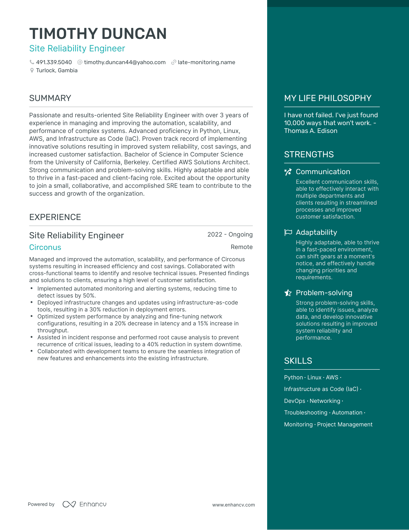Modern Site Reliability Engineer Resume Example