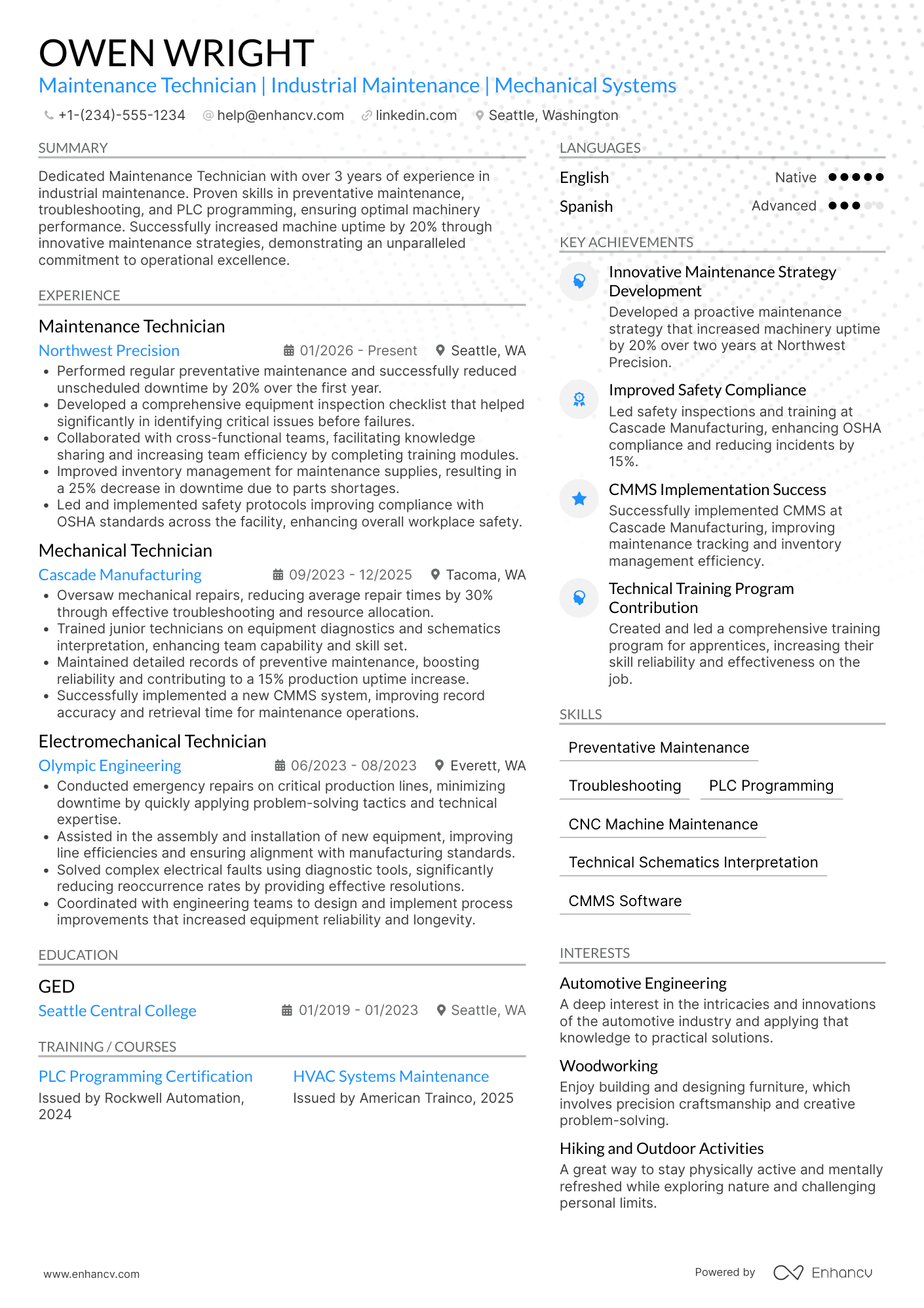Maintenance Technician resume example