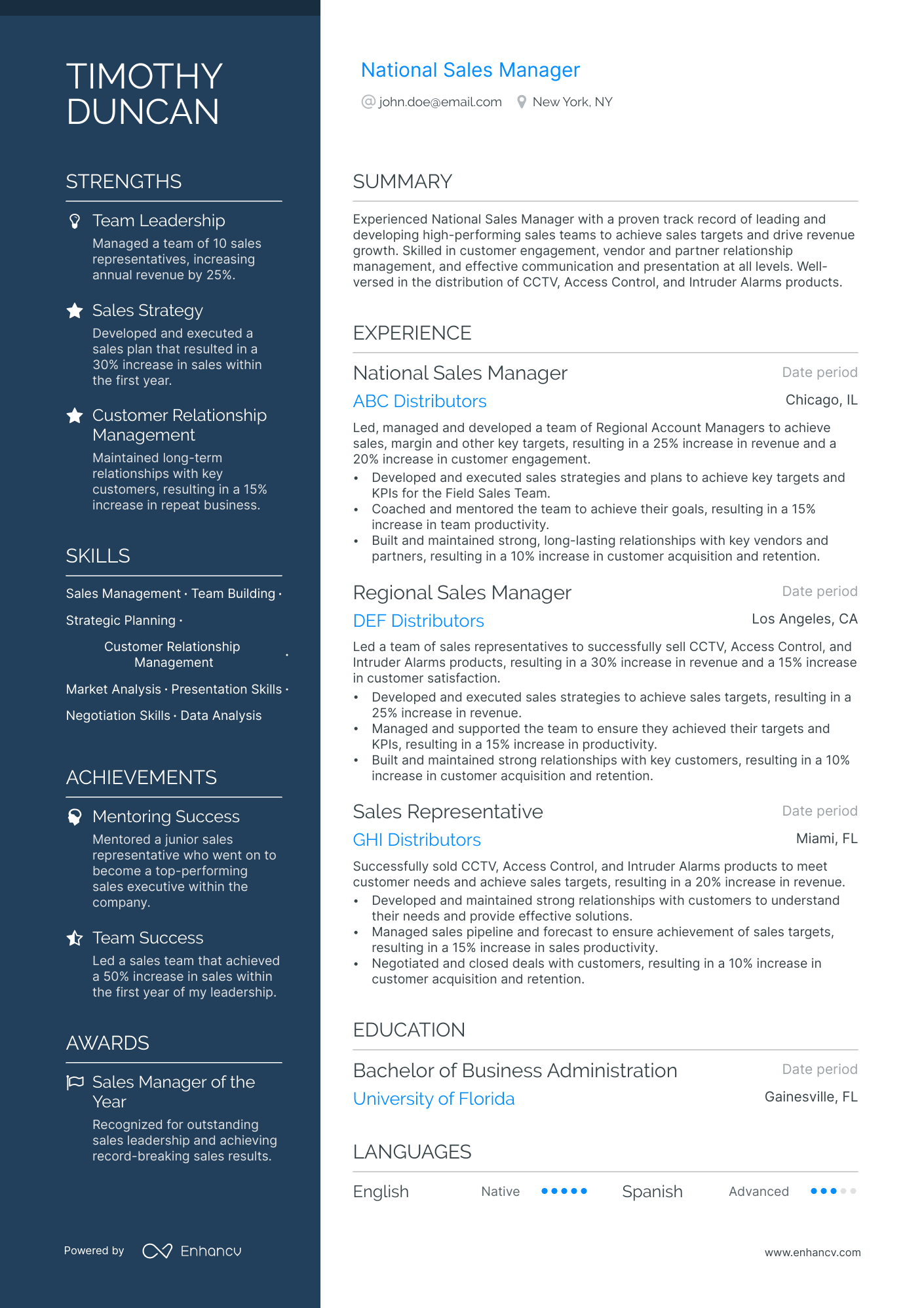 national sales manager resume example