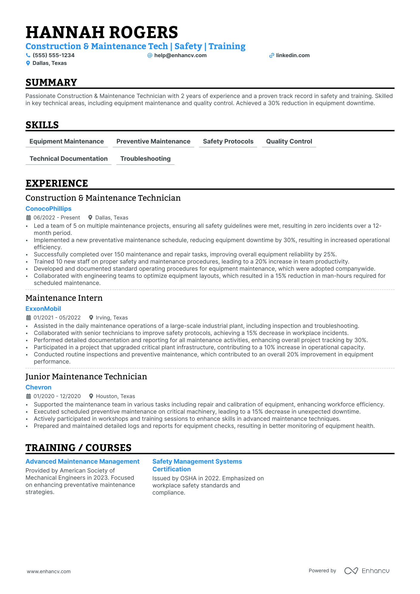 Construction and Maintenance Technician Resume Example Resume Example