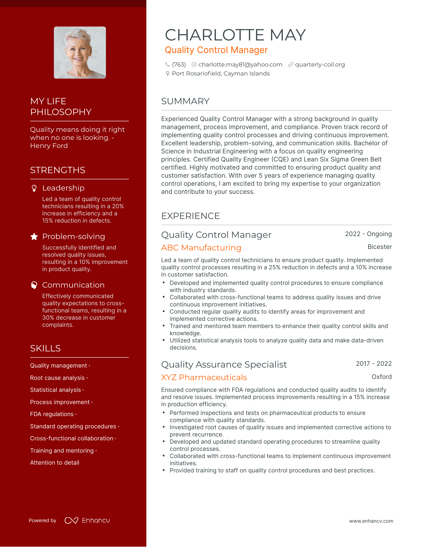 Quality Control Manager resume example