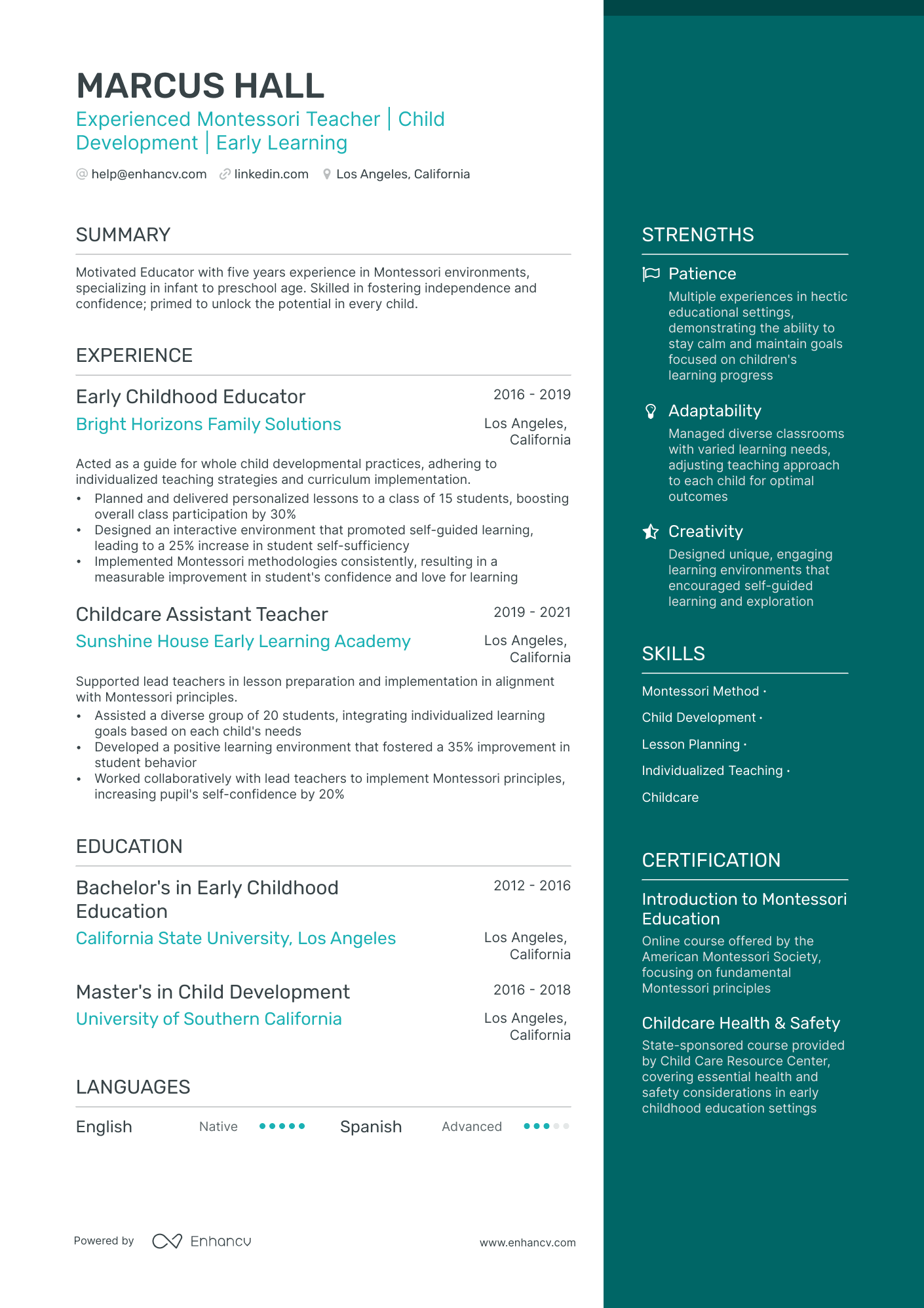 Daycare Teacher Assistant resume example