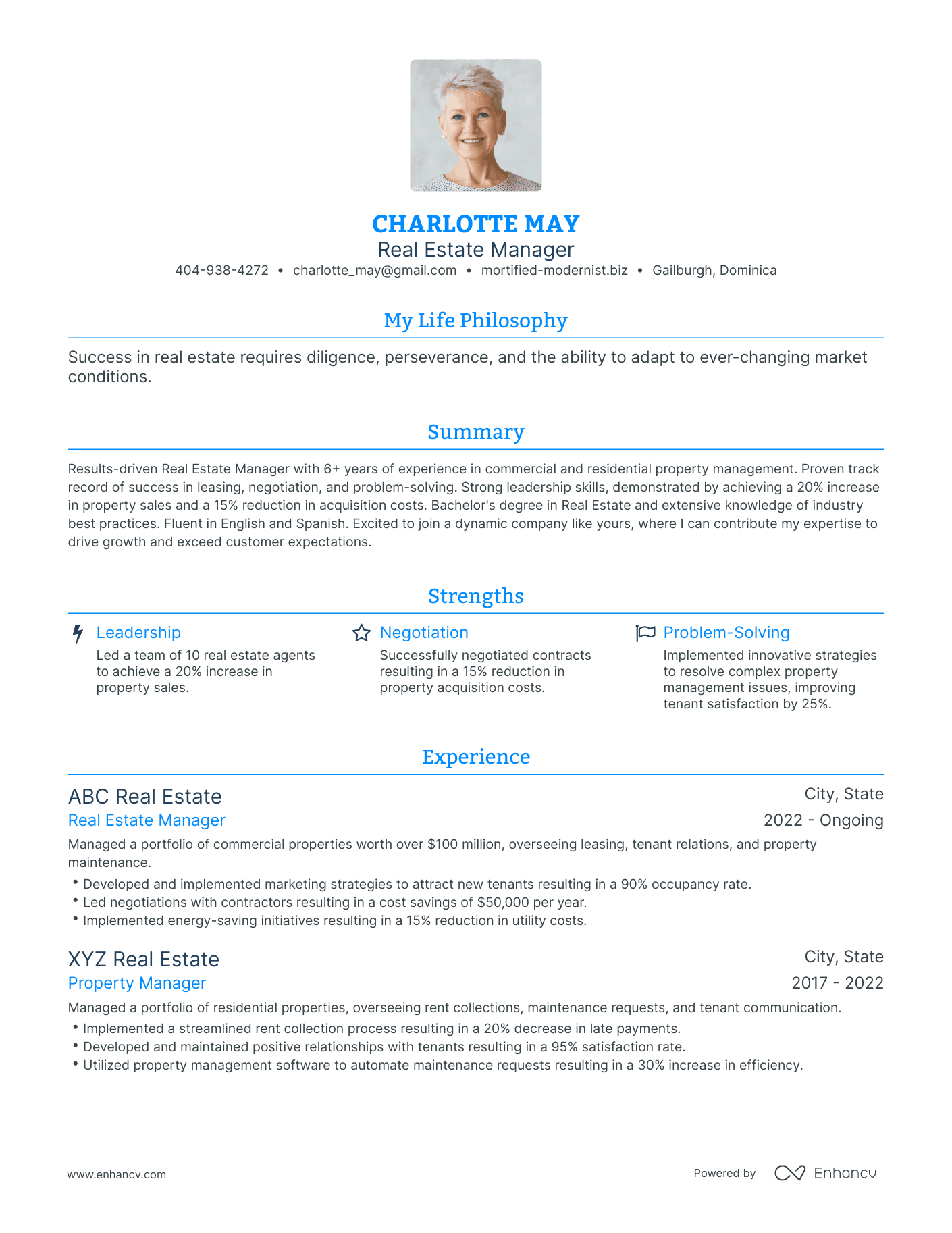 Modern Real Estate Manager Resume Example