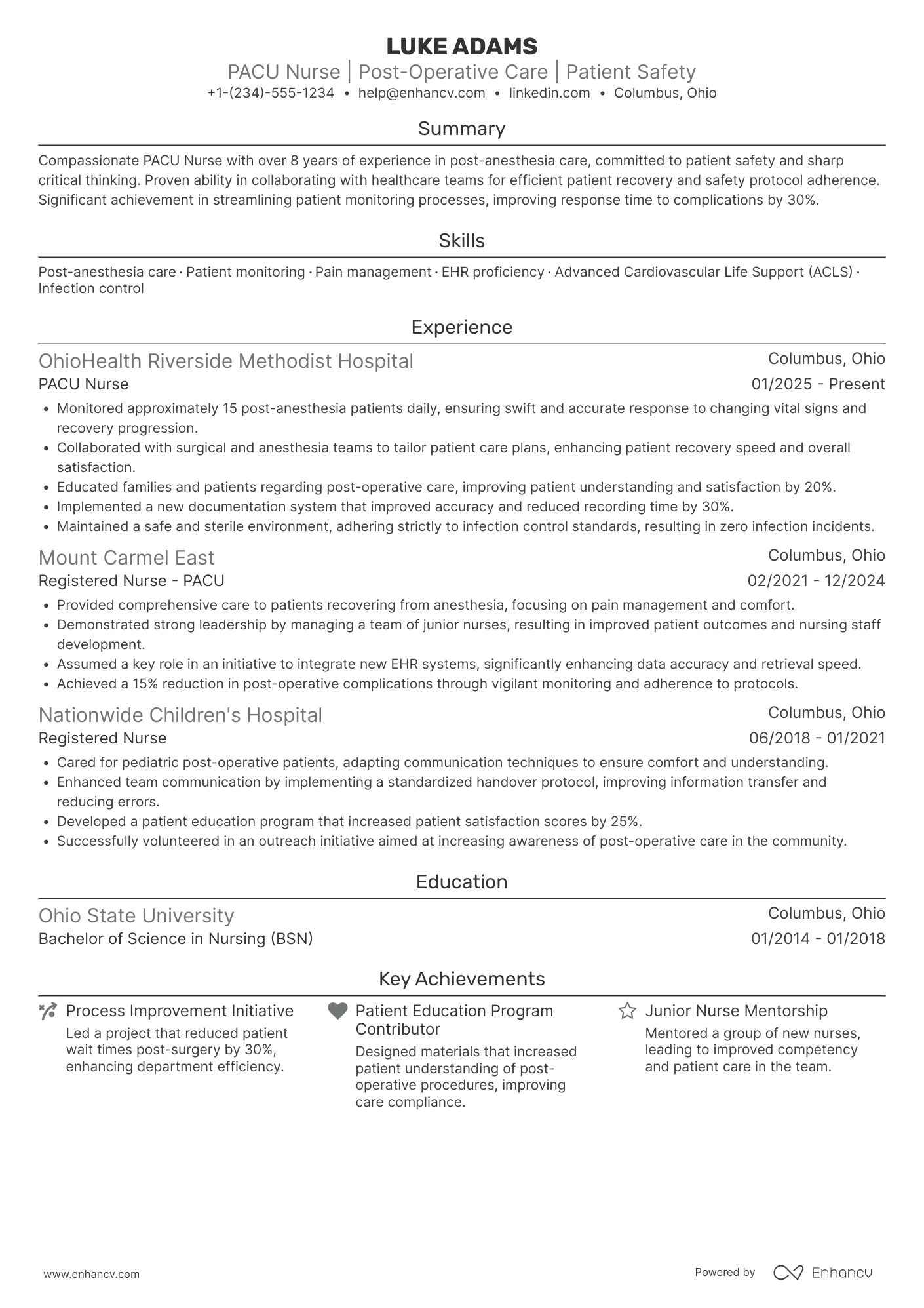 PACU Nurse resume example
