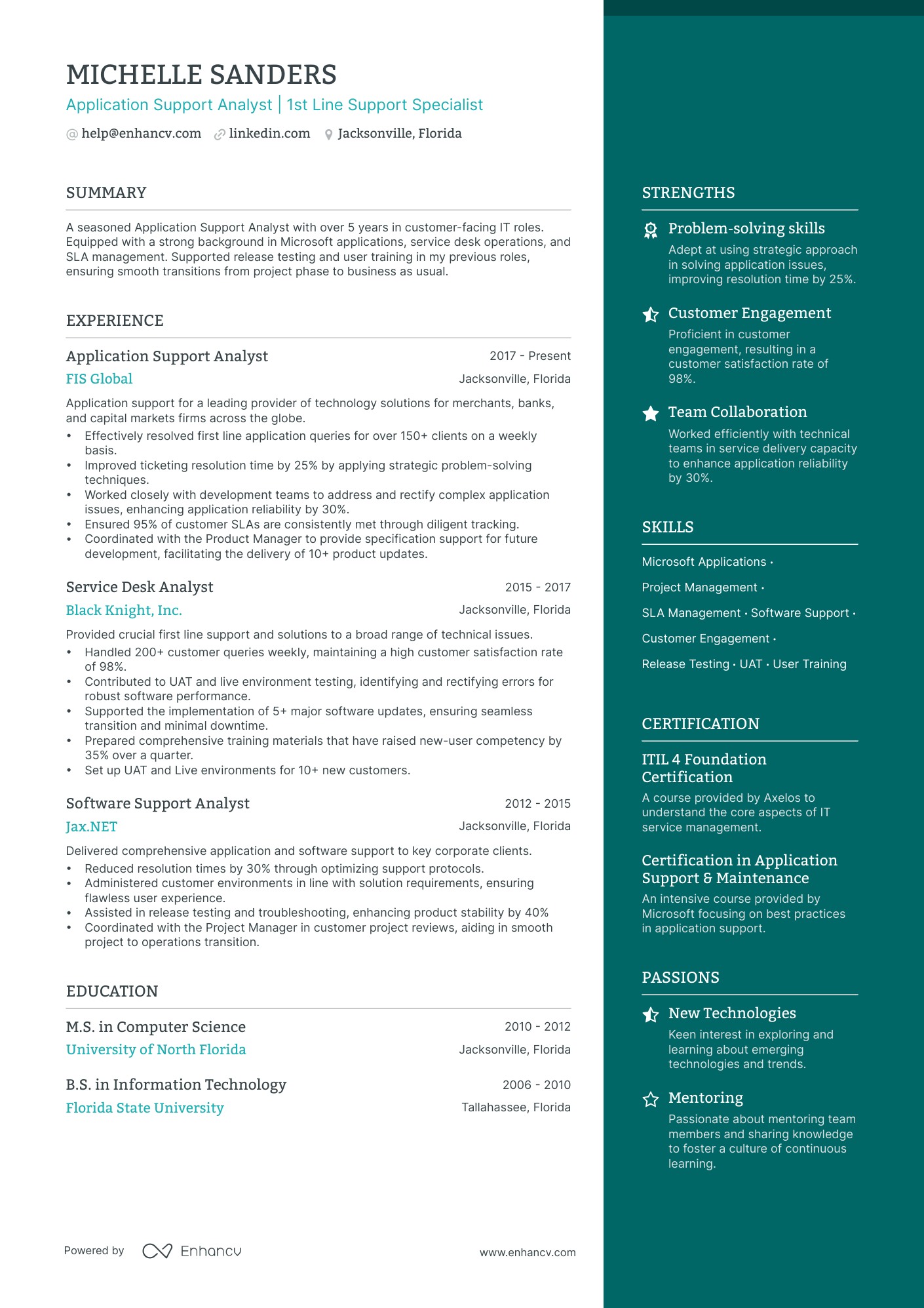 Application Support Analyst resume example