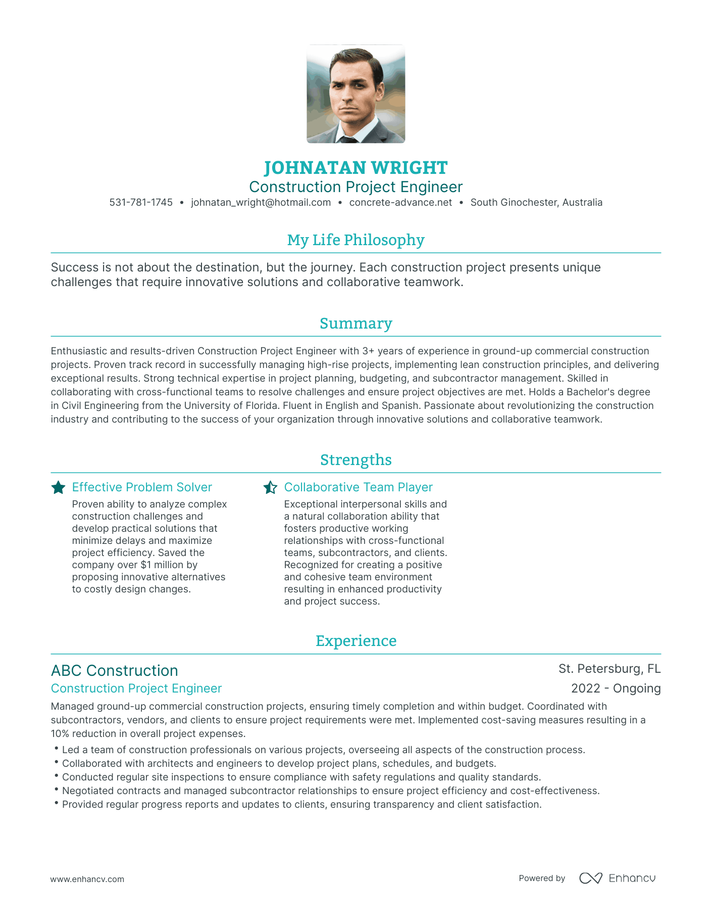 Modern Construction Project Engineer Resume Example