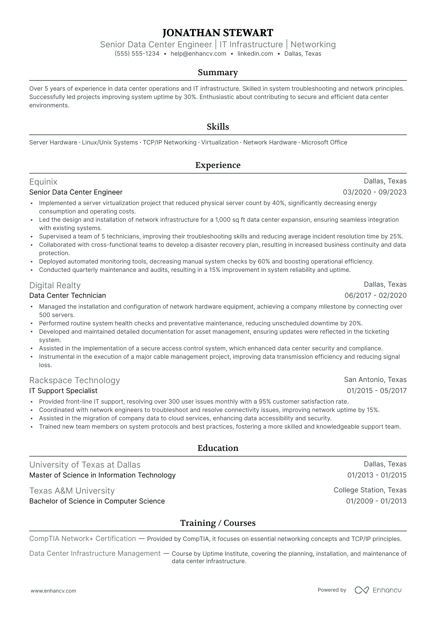 Junior Data Center Technician resume example