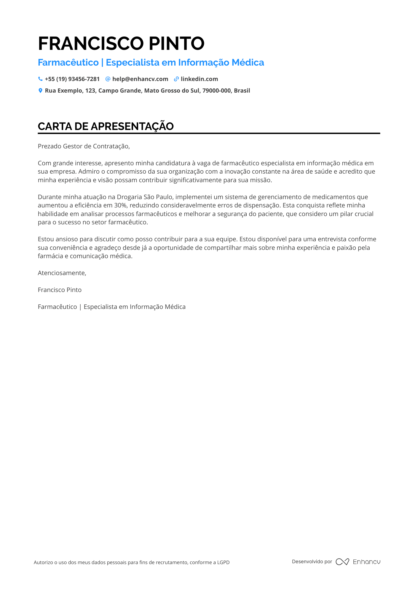 Farmacêutico Carta de apresentação