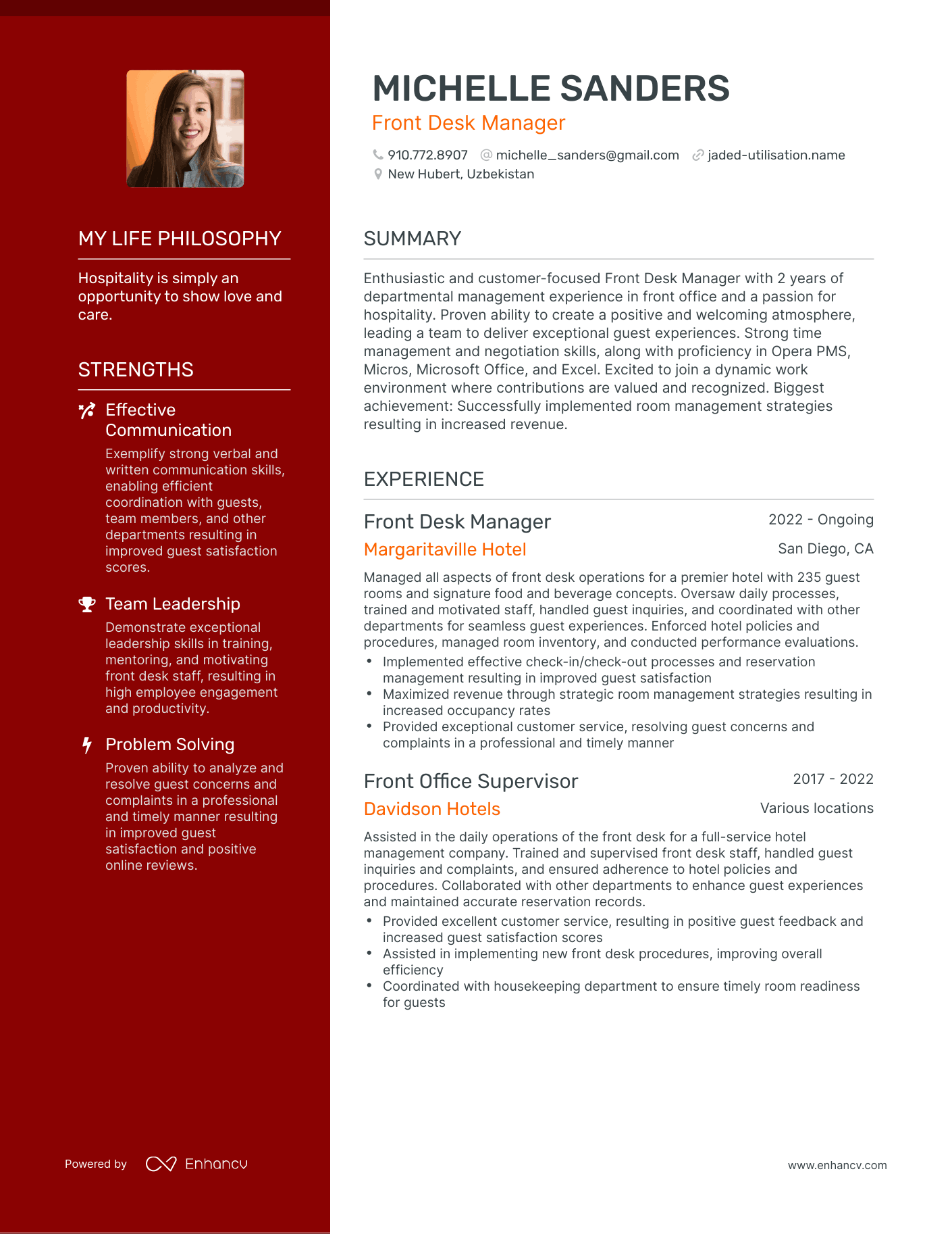 Creative Front Desk Manager Resume Example
