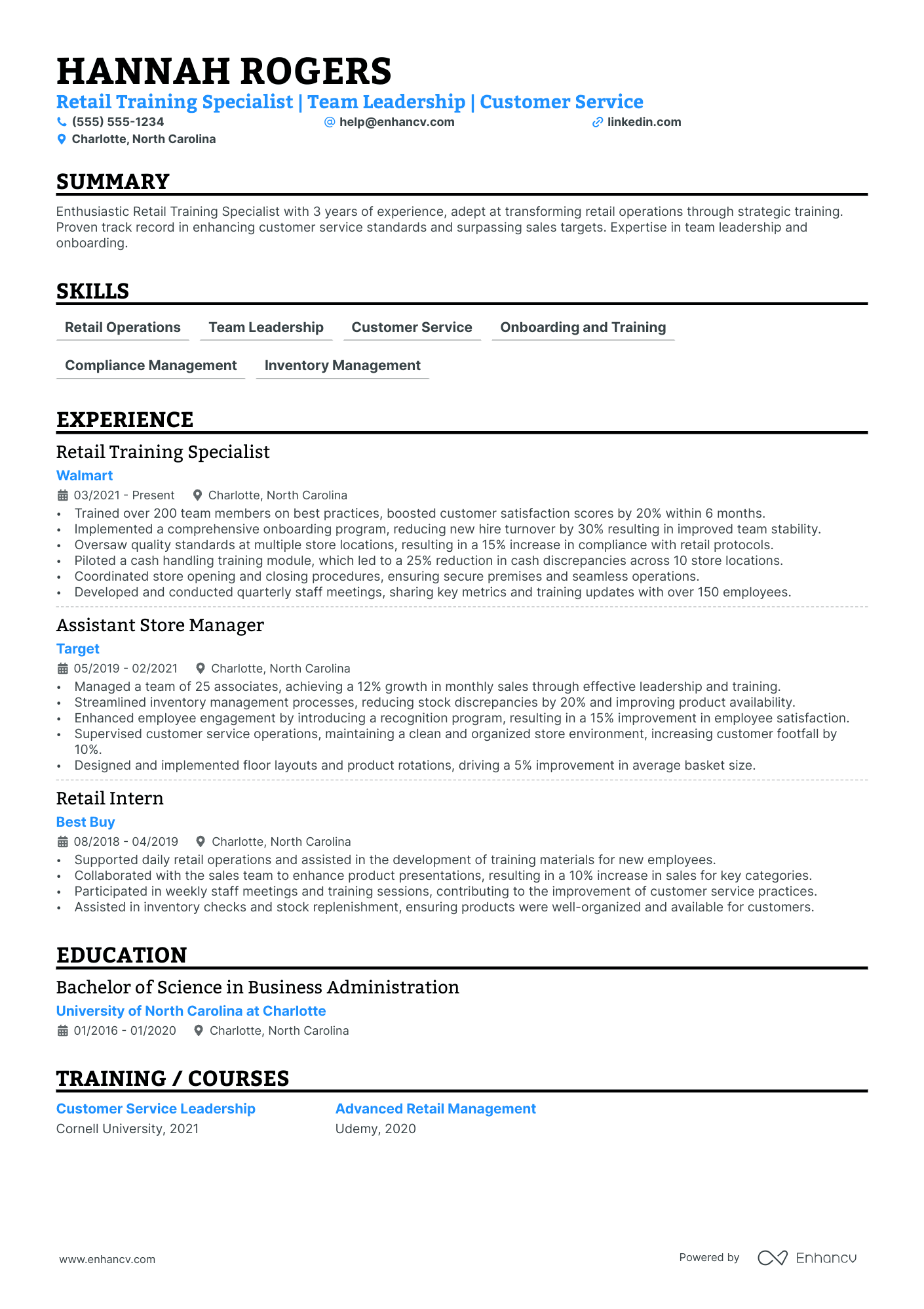 Retail Training Manager resume example