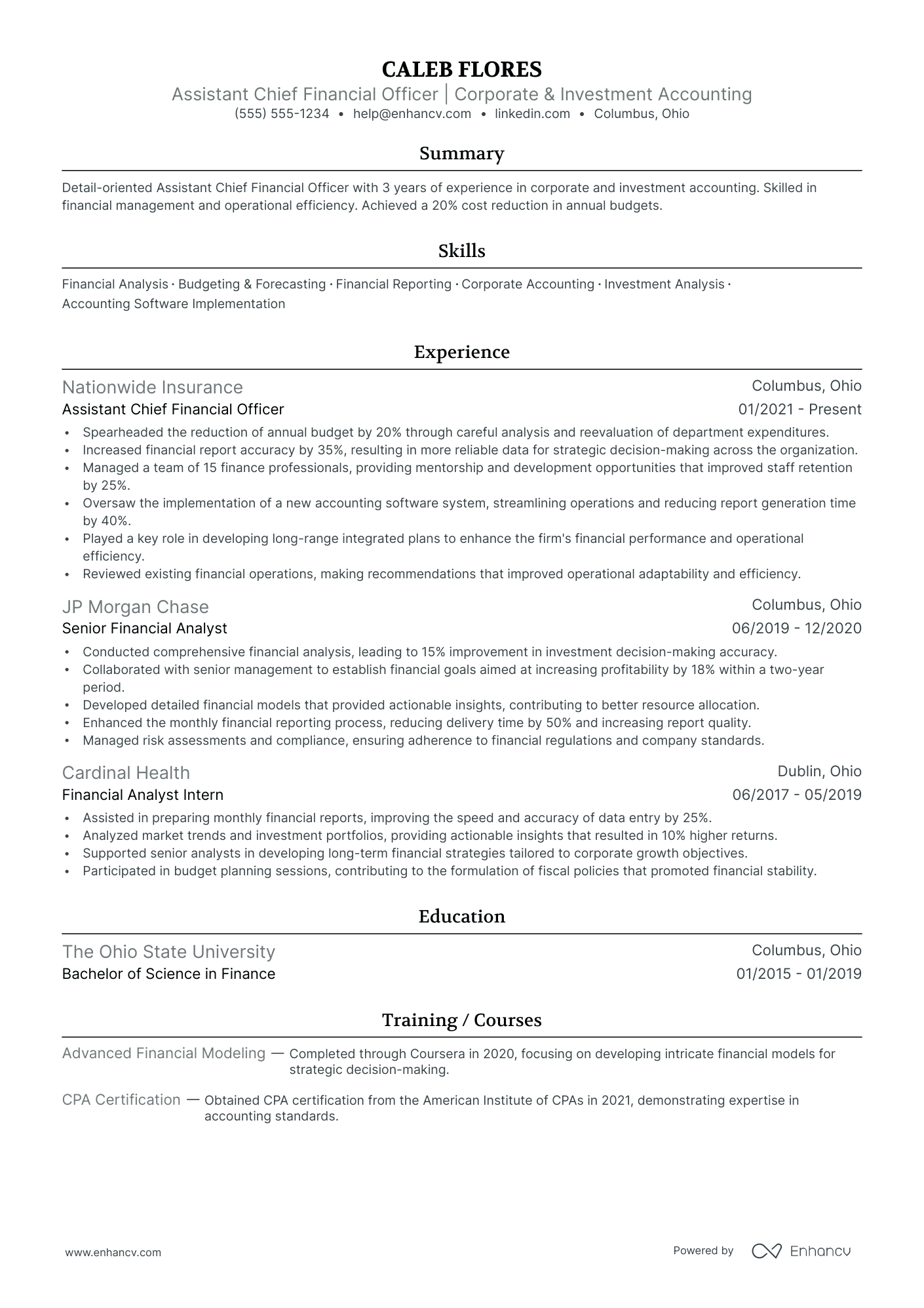 Assistant Chief Financial Officer resume example