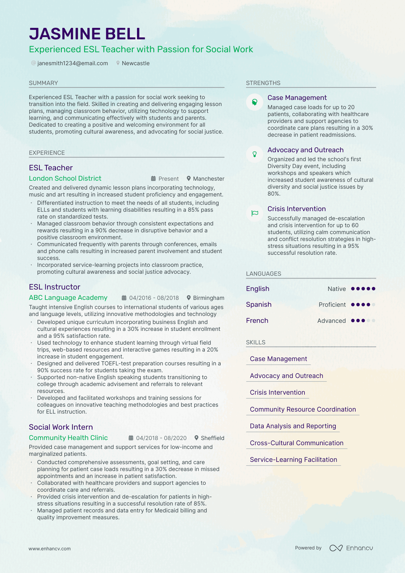Experienced ESL Teacher with Passion for Social Work CV example