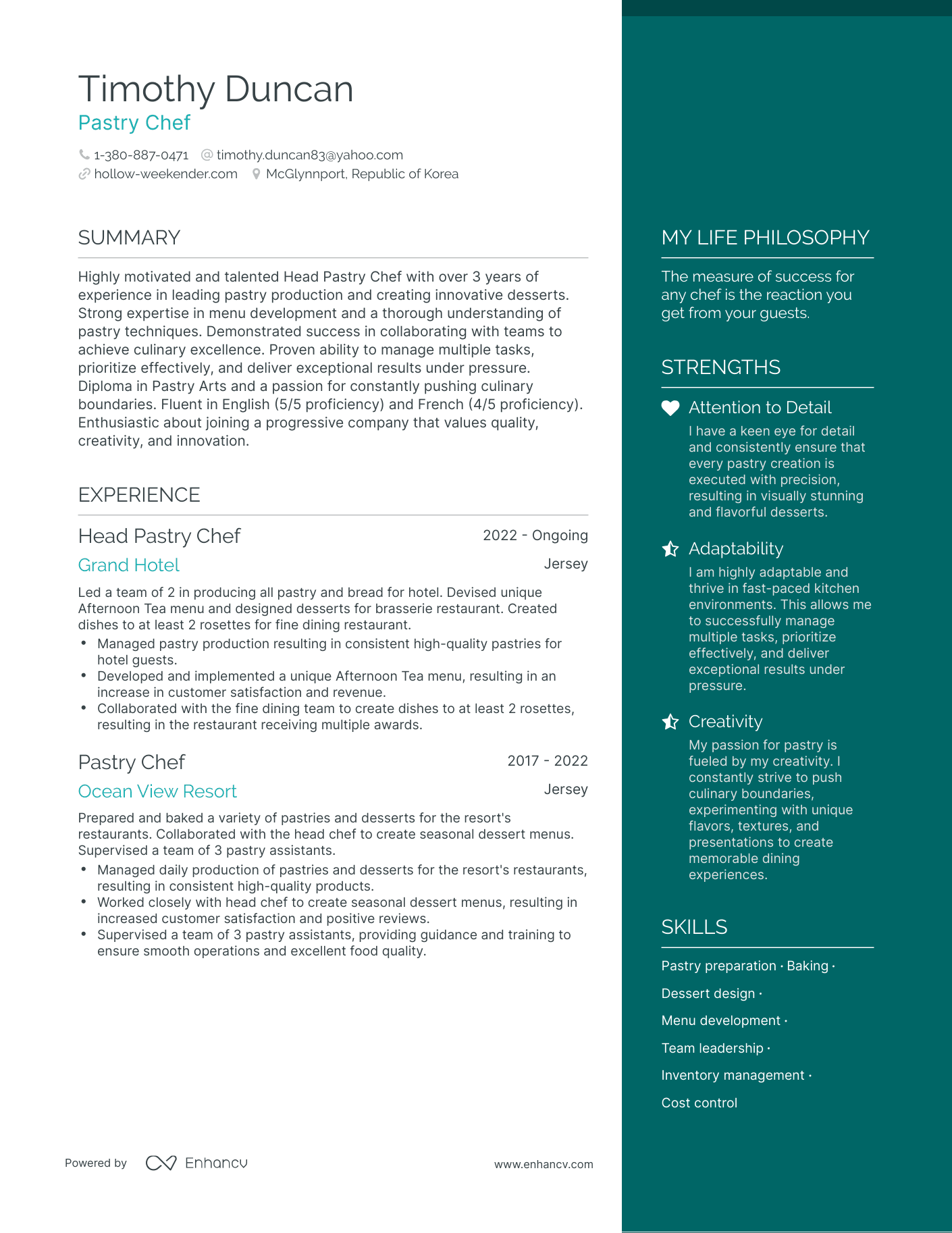 Modern Pastry Chef Resume Example