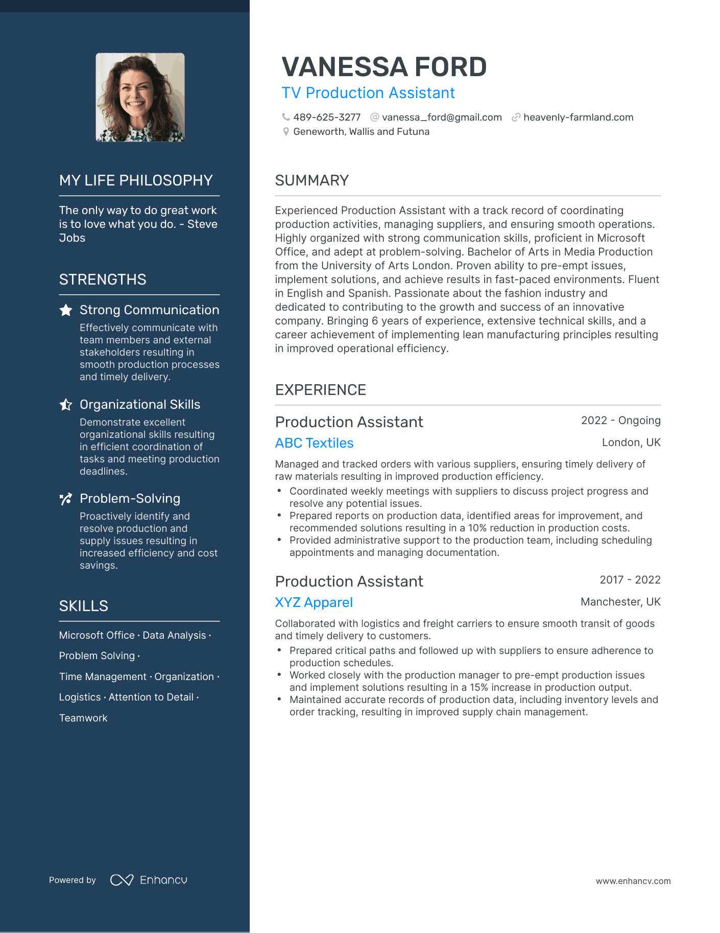 Creative TV Production Assistant Resume Example