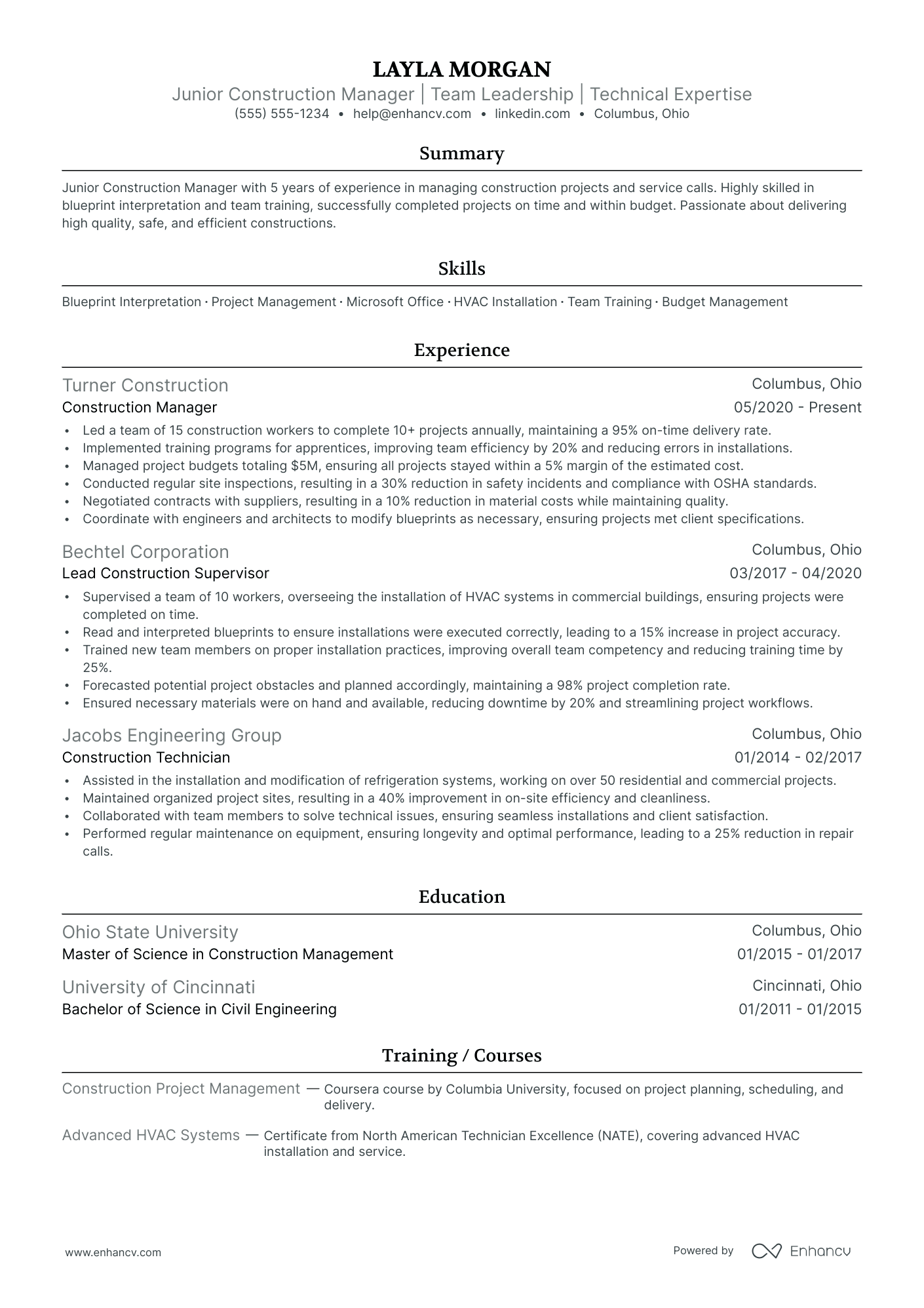 Junior Construction Contractor resume example