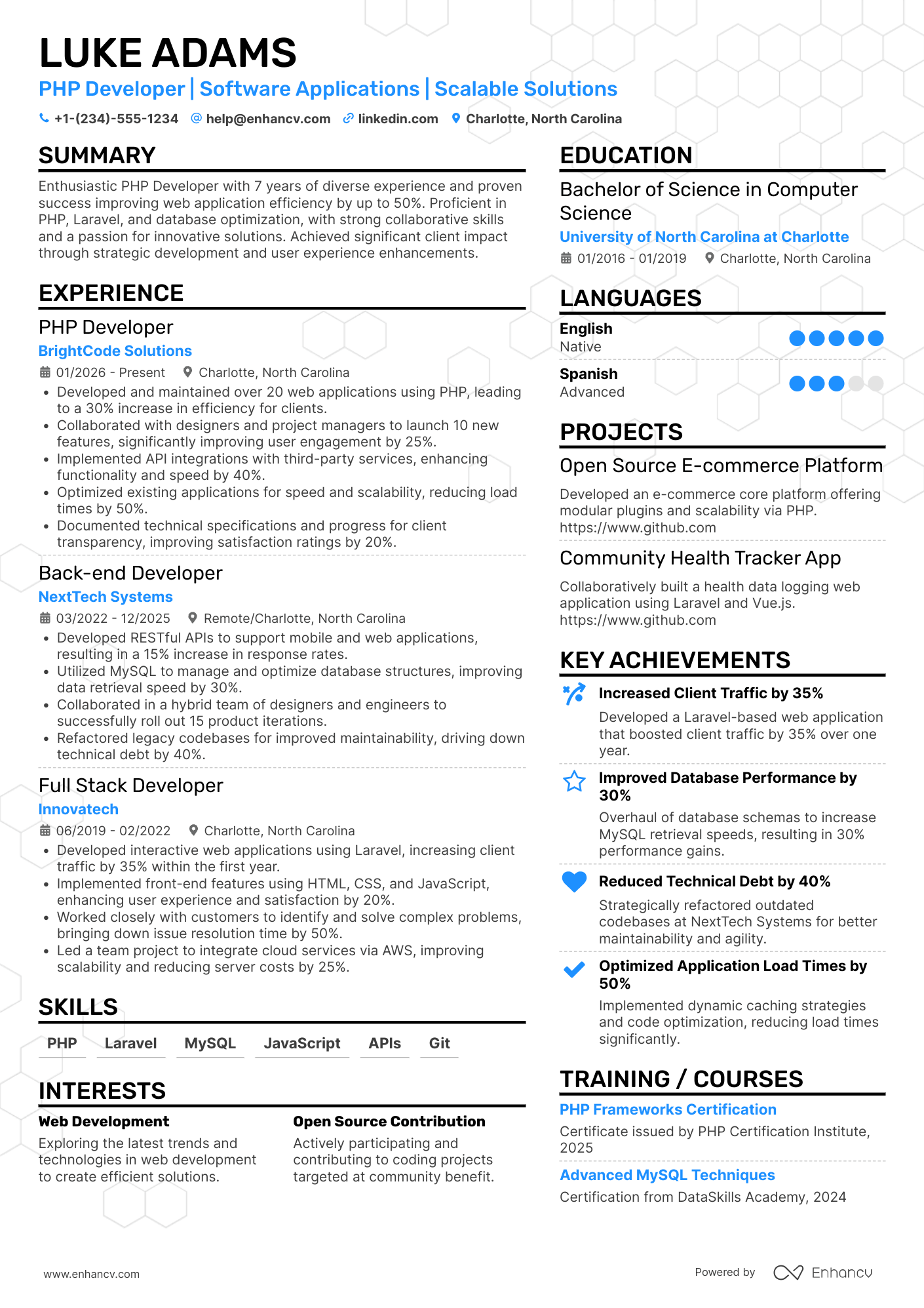 PhP Developer resume example