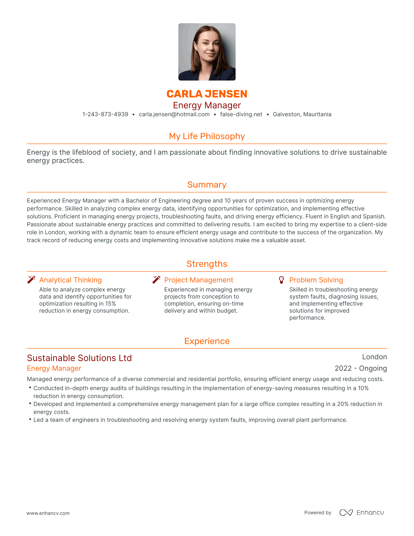 Modern Energy Manager Resume Example