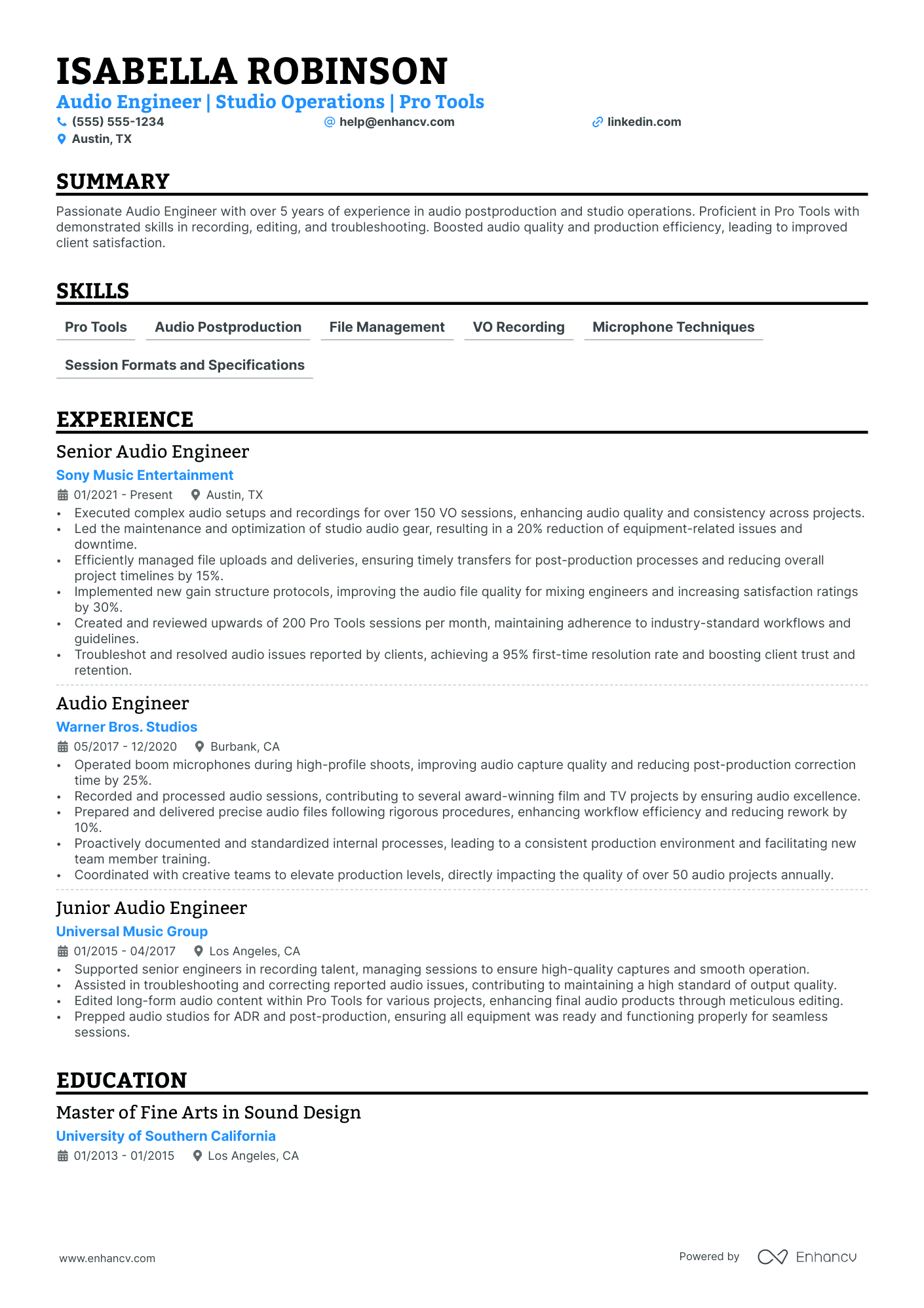 Junior Audio Engineer resume example