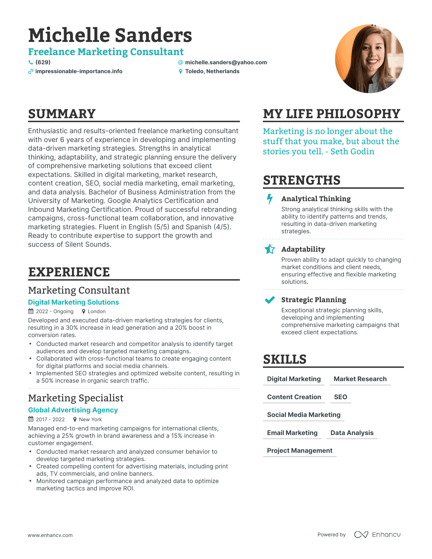 Freelance Marketing Consultant resume example