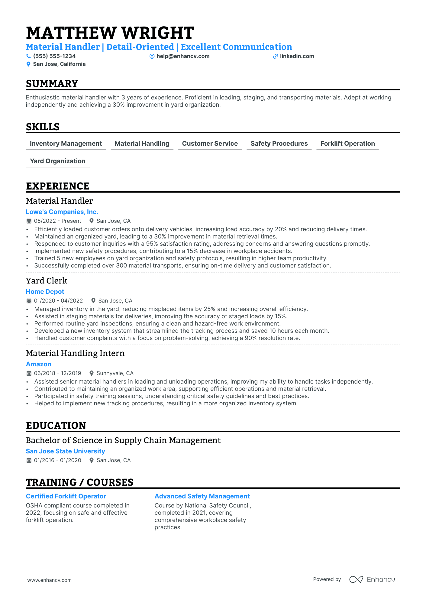 Material Handler Clerk resume example