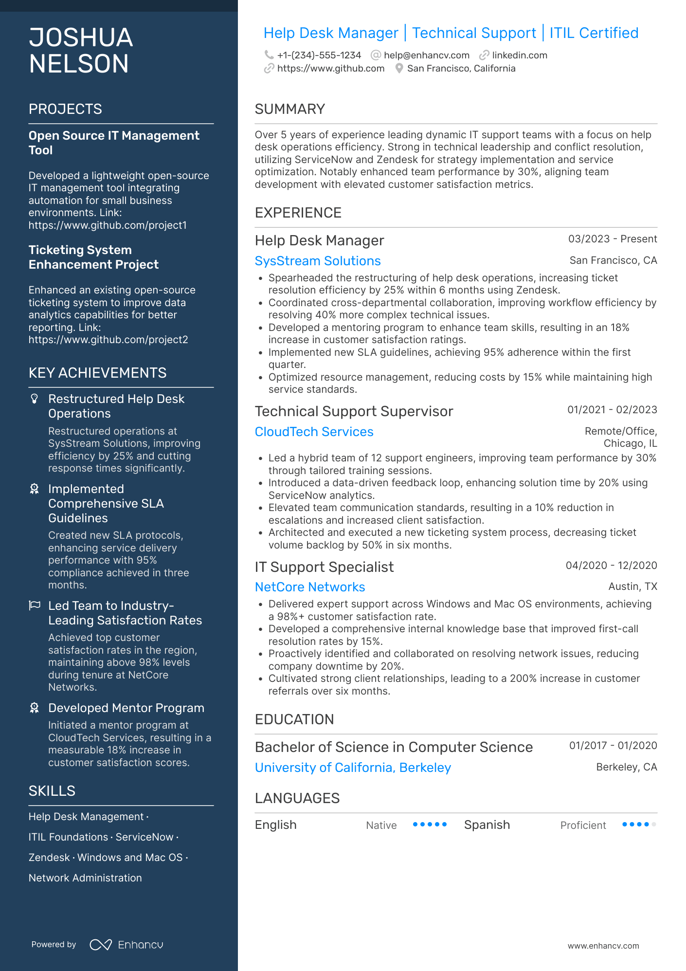 Help Desk Manager resume example