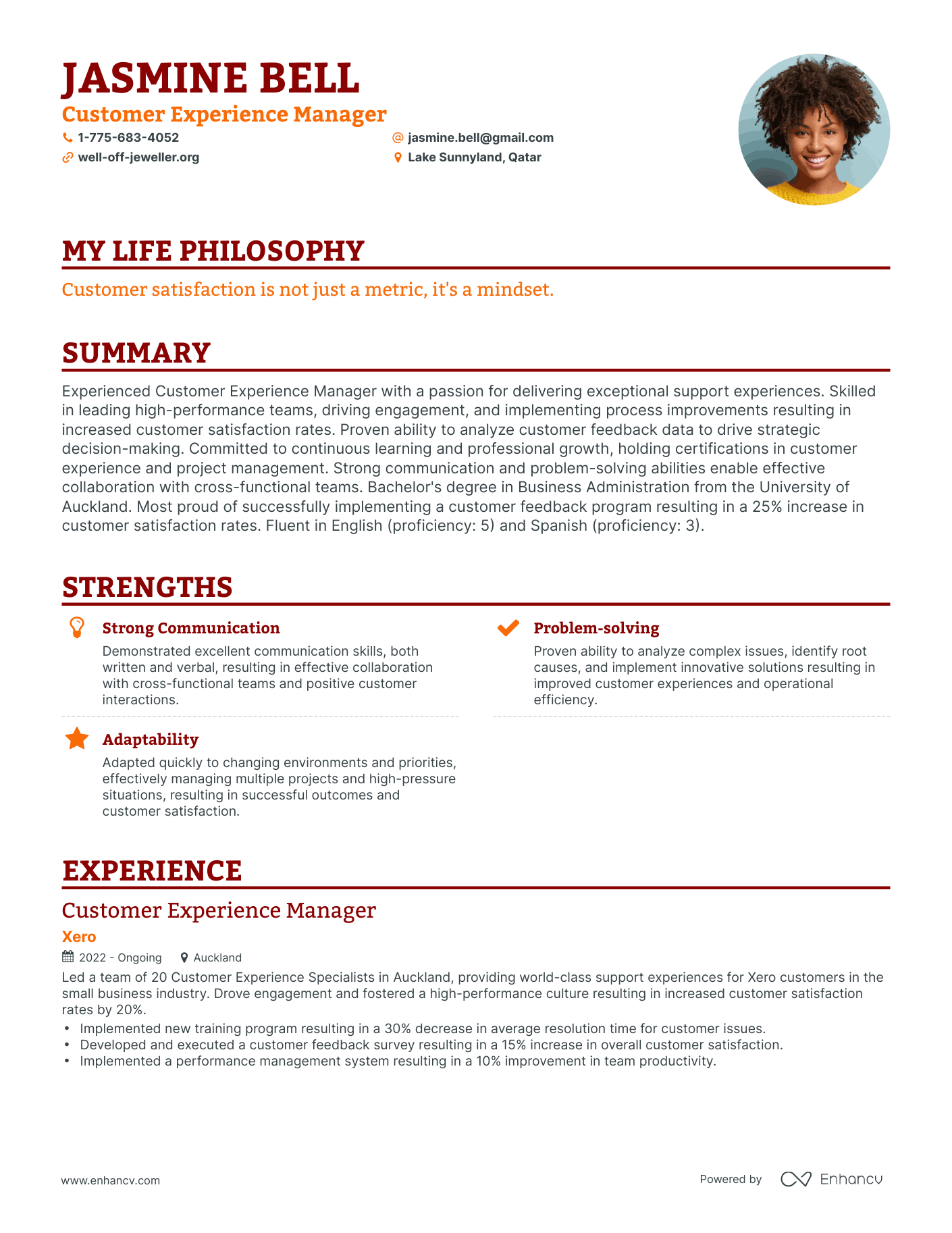 Creative Customer Experience Manager Resume Example
