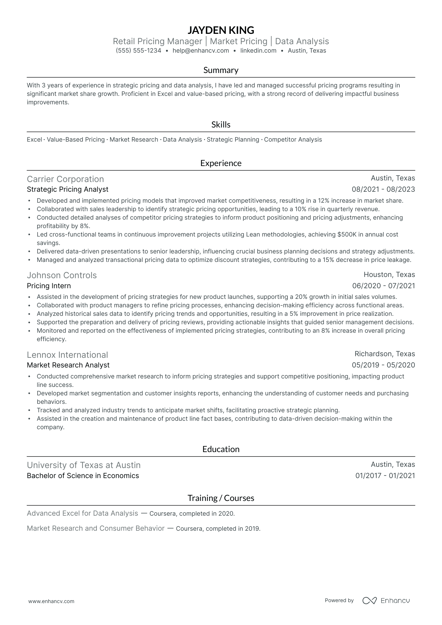 Retail Pricing Analyst resume example