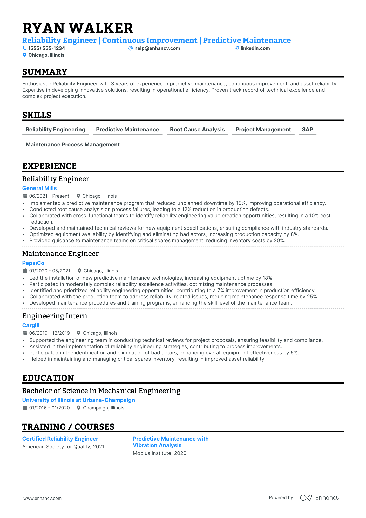 Mechanical Reliability Engineer resume example