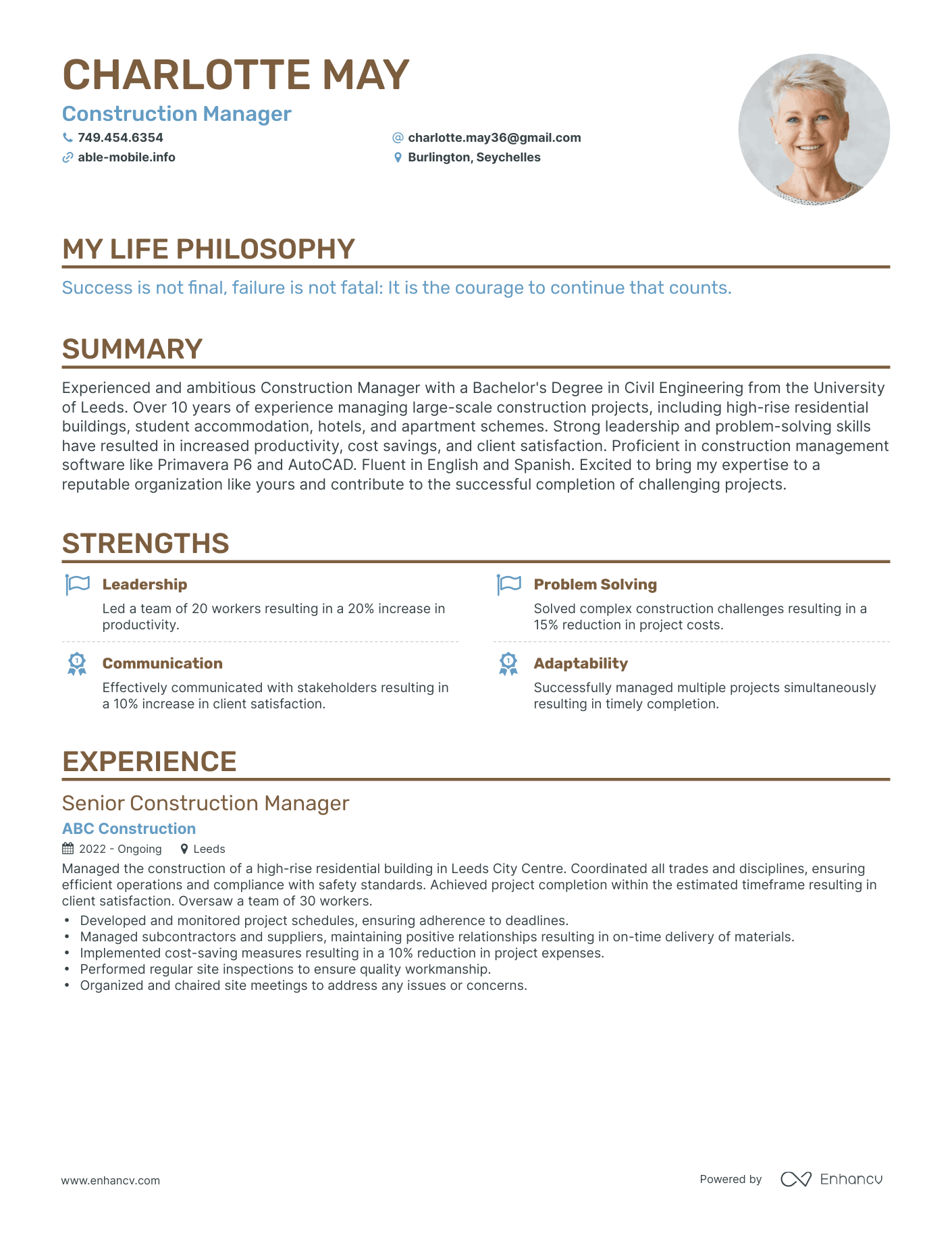 Creative Construction Manager Resume Example