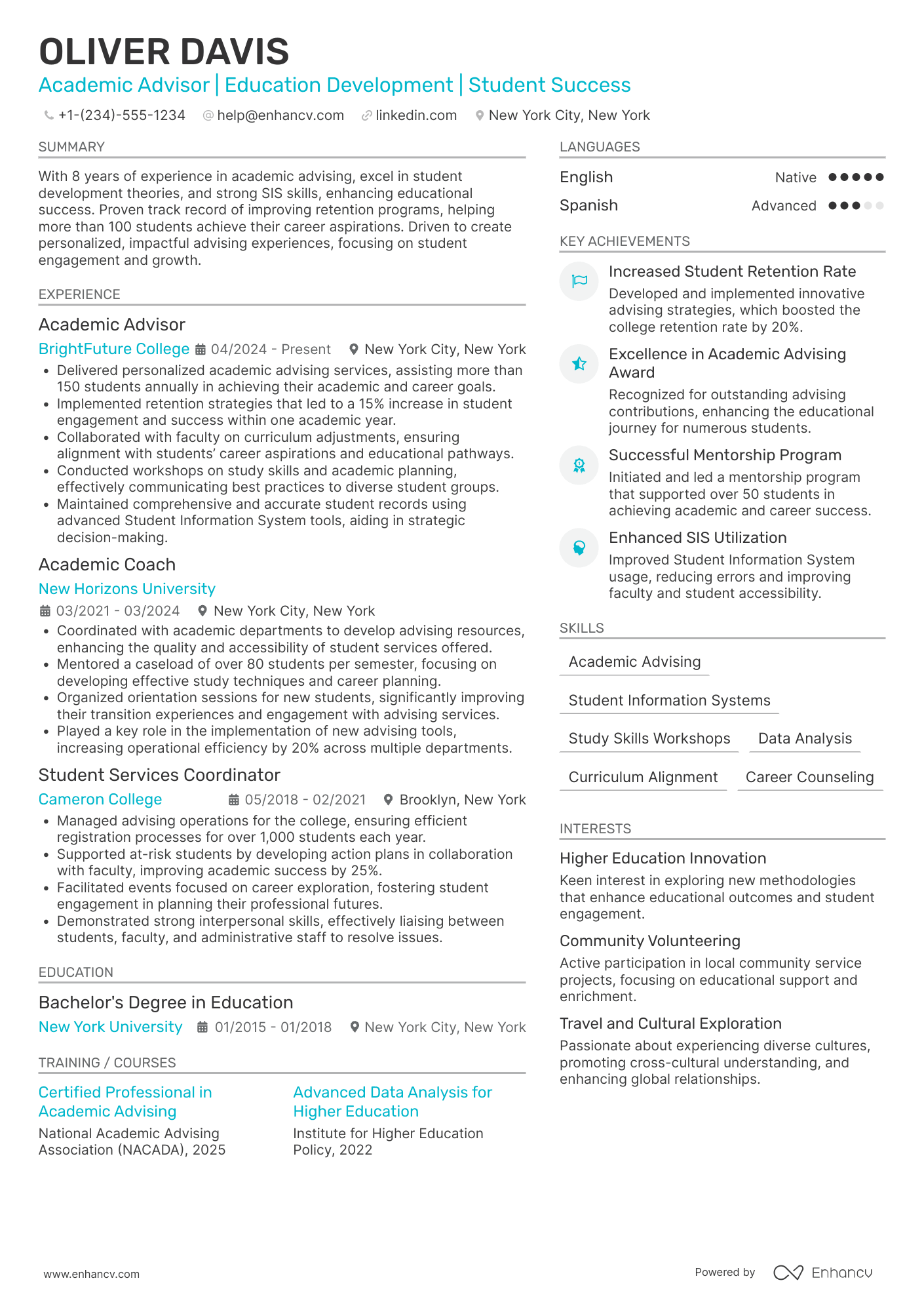 Academic Advisor resume example
