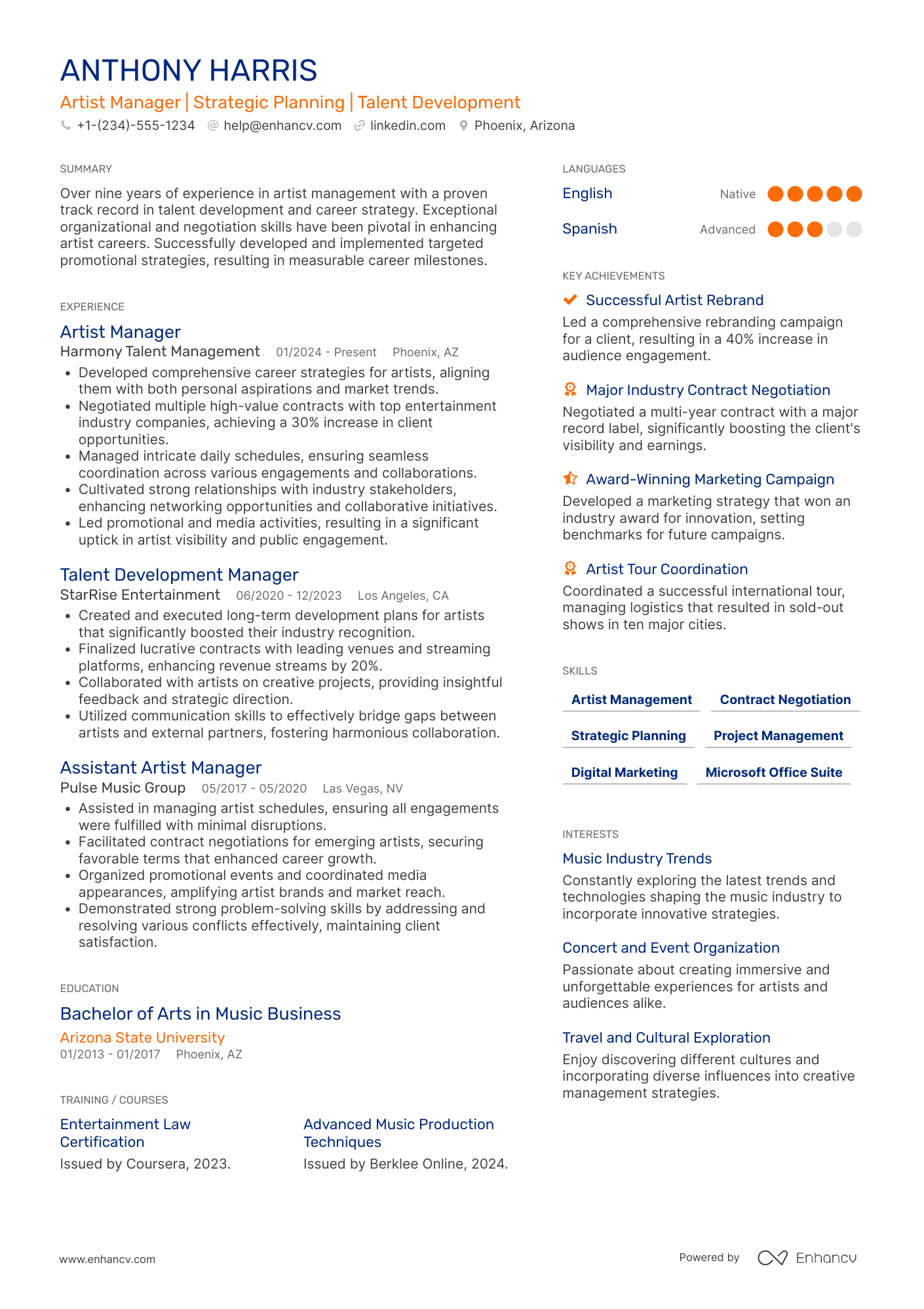 Artist Manager resume example