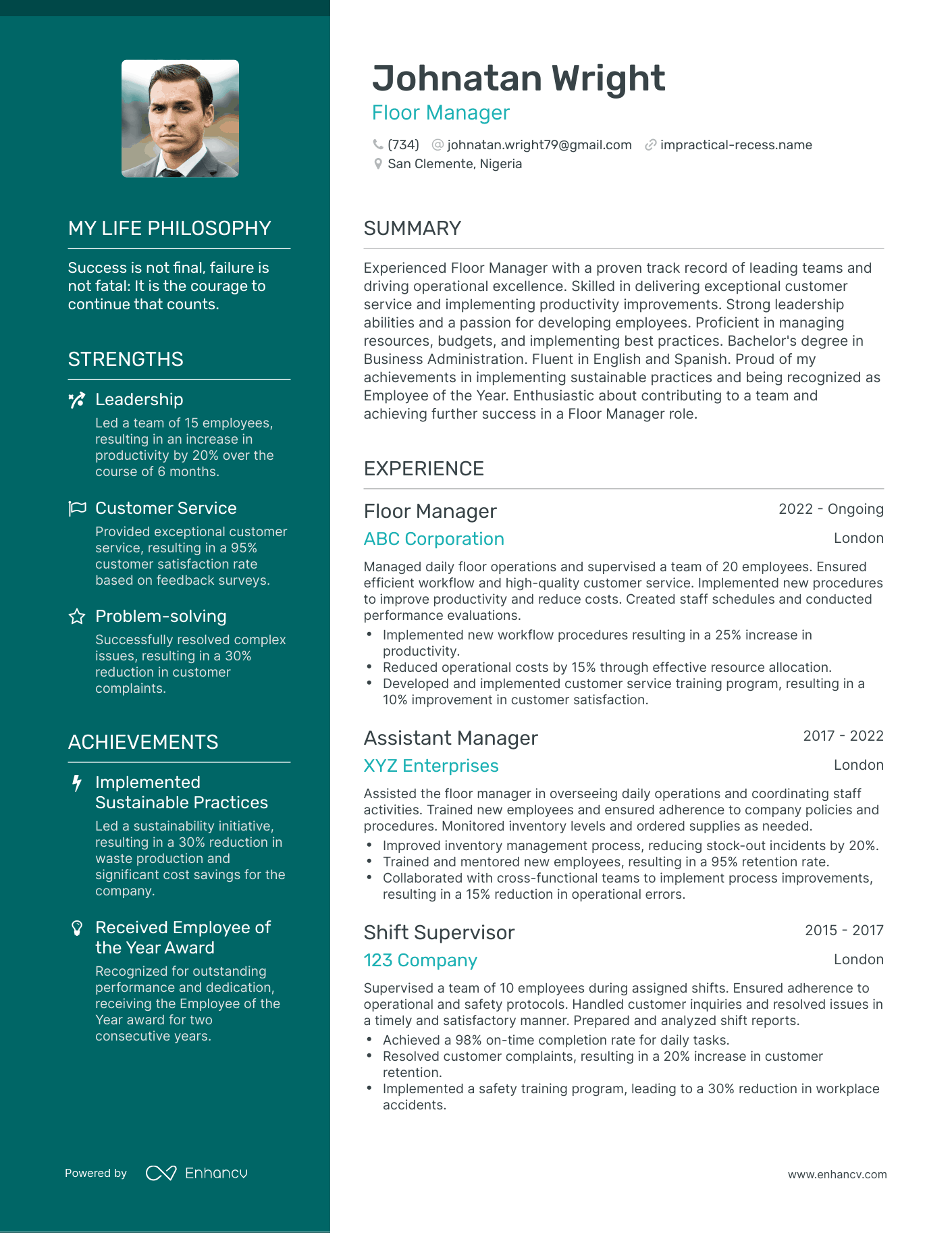 Creative Floor Manager Resume Example