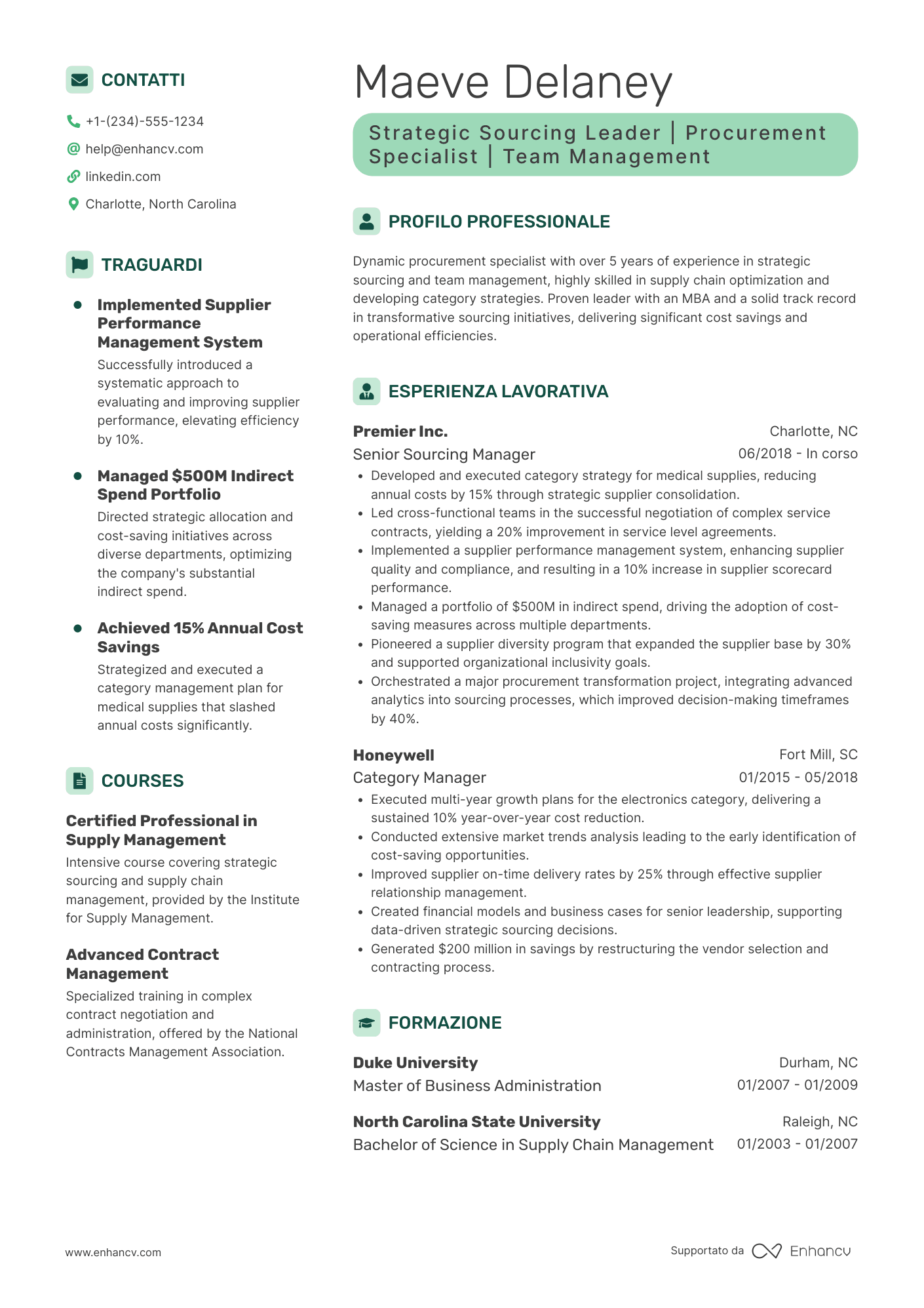 A contemporary resume template with green accent colors.