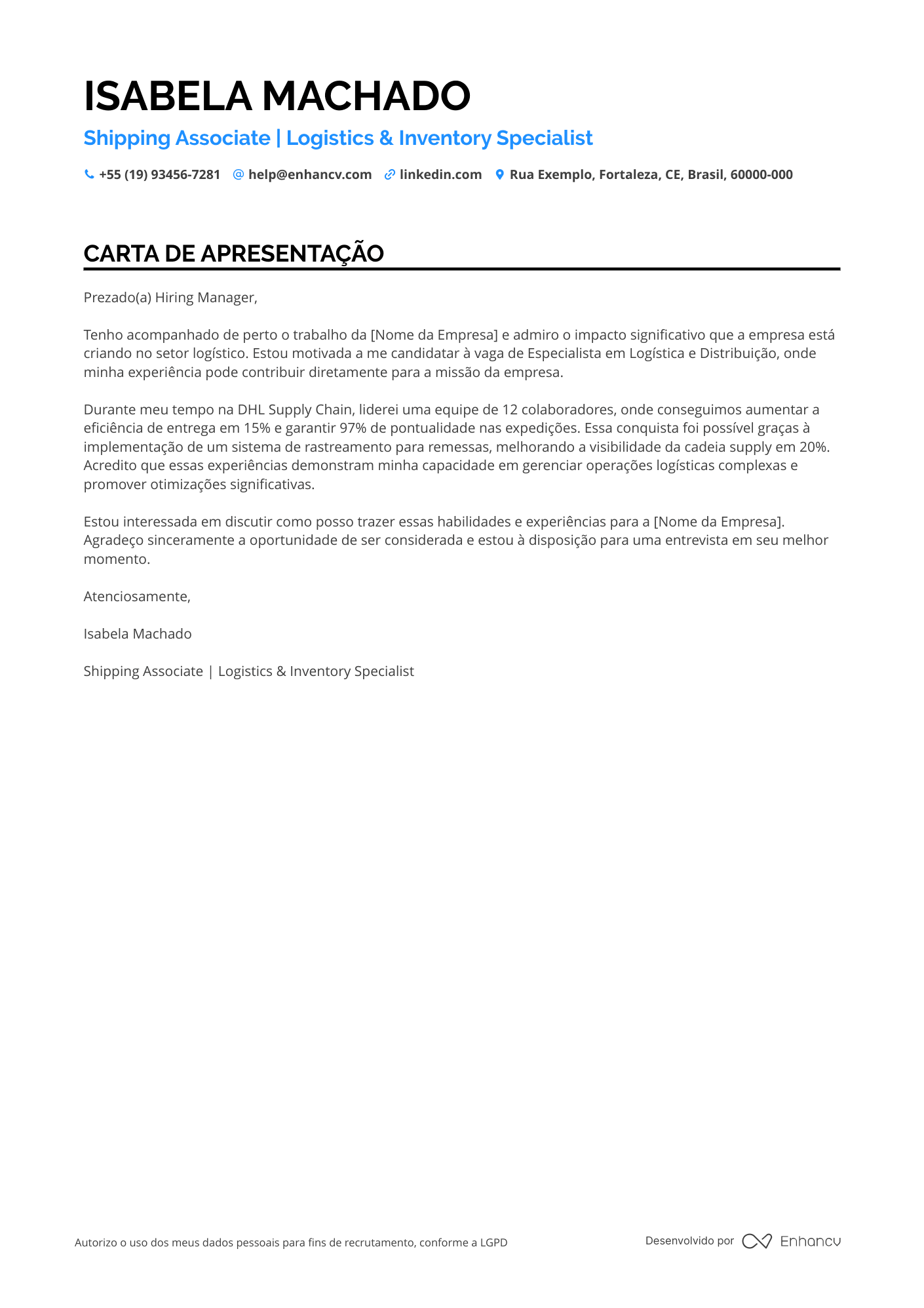 Balconista Carta de apresentação