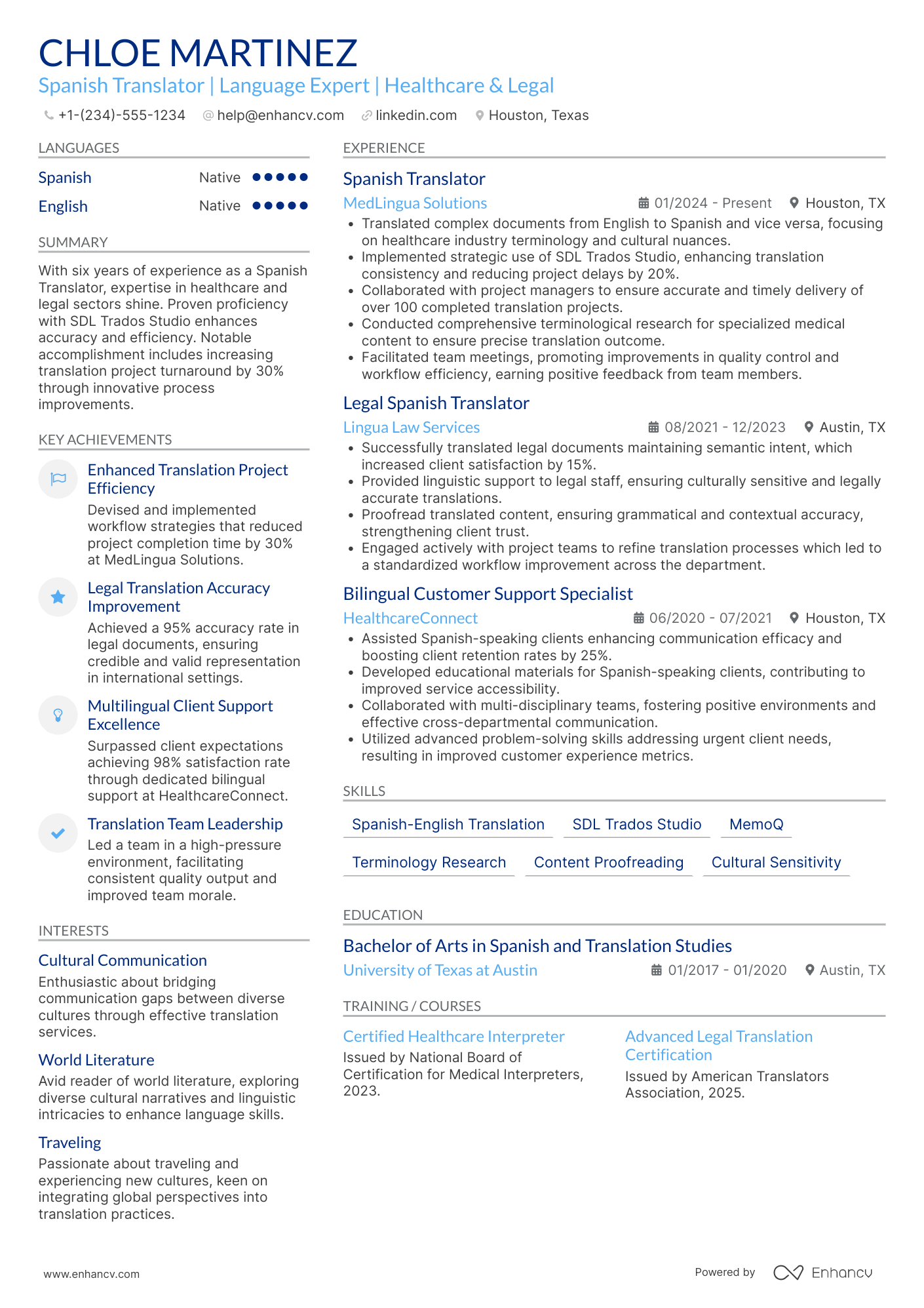 Spanish Translator resume example