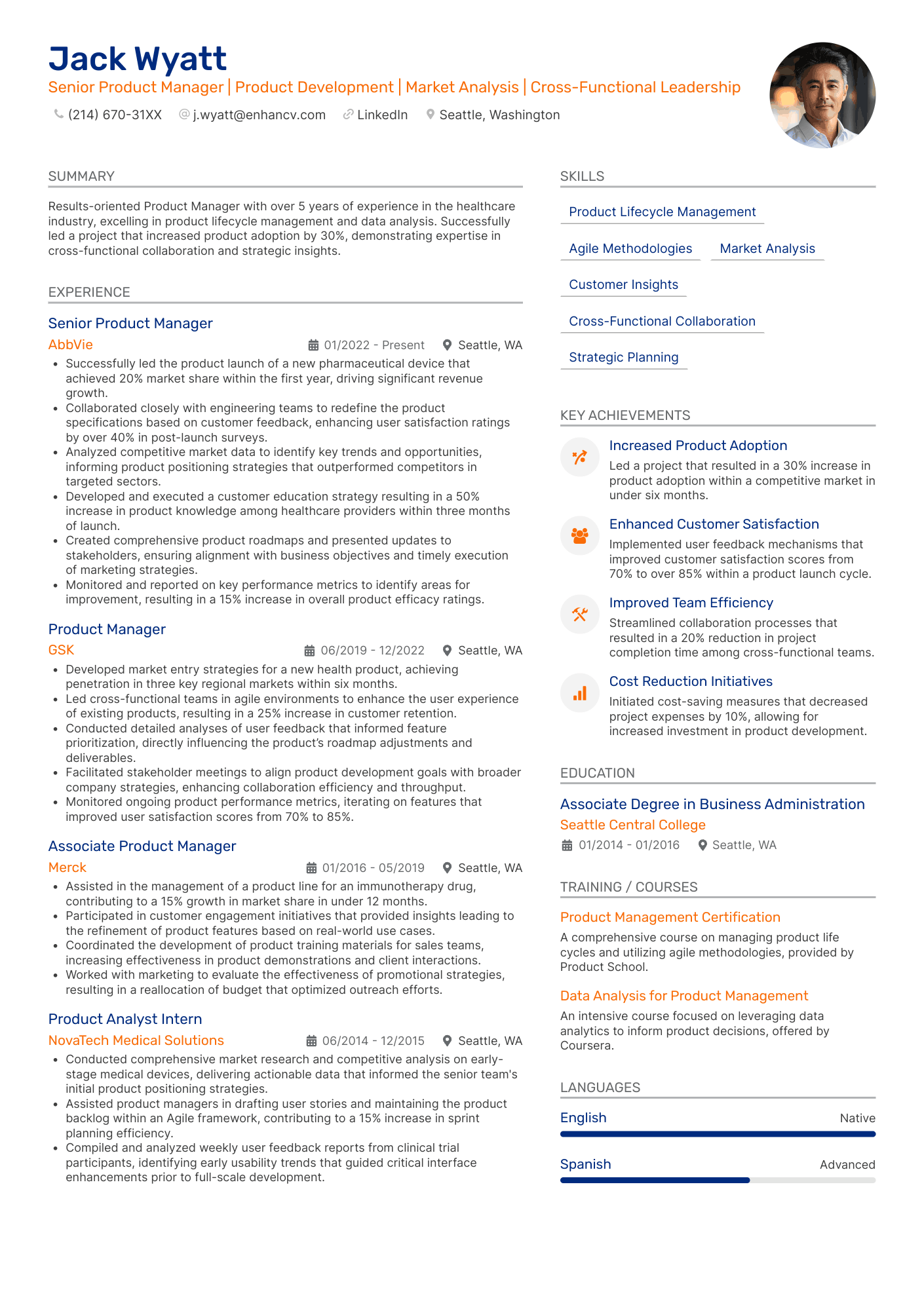 Aqua modern resume template A product manager resume with two columns with orange and blue accent colors.y and an experience section in focus.