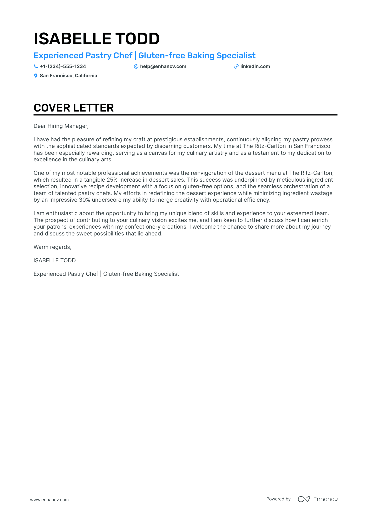 Pastry Chef cover letter