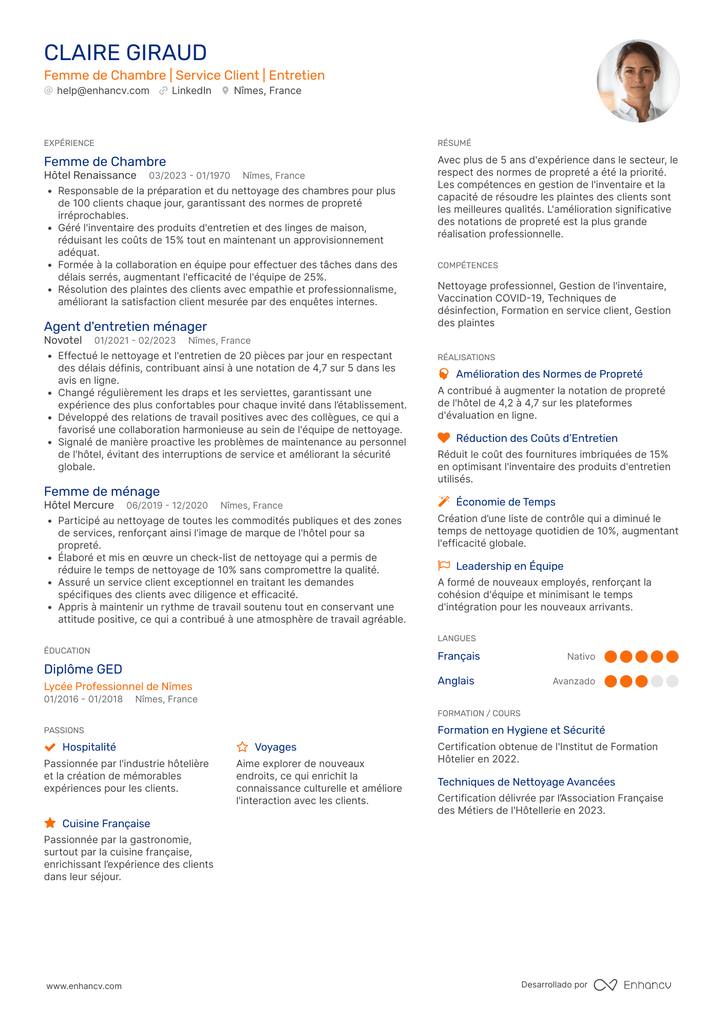 femme de chambre CV