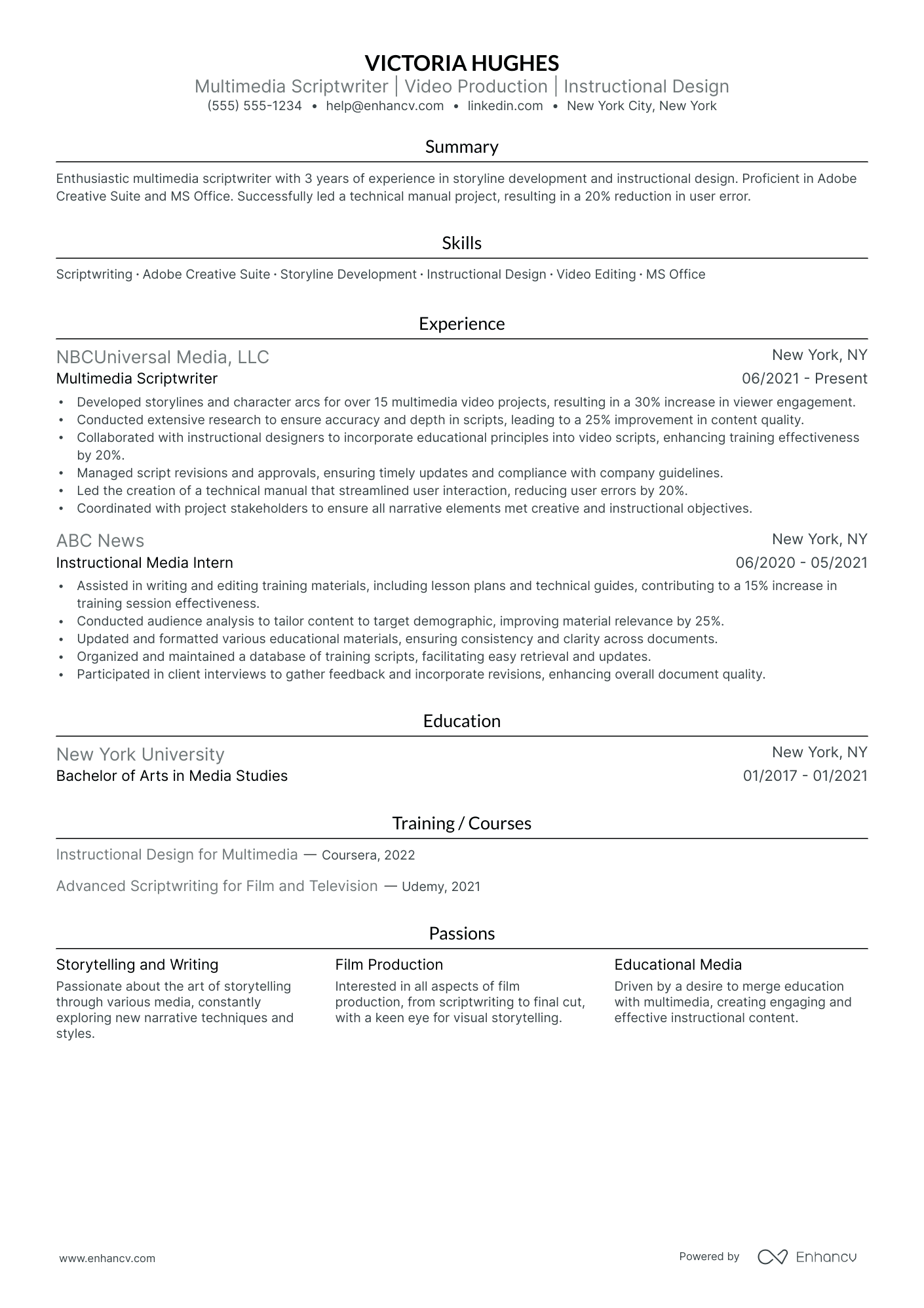 Script Writer resume example