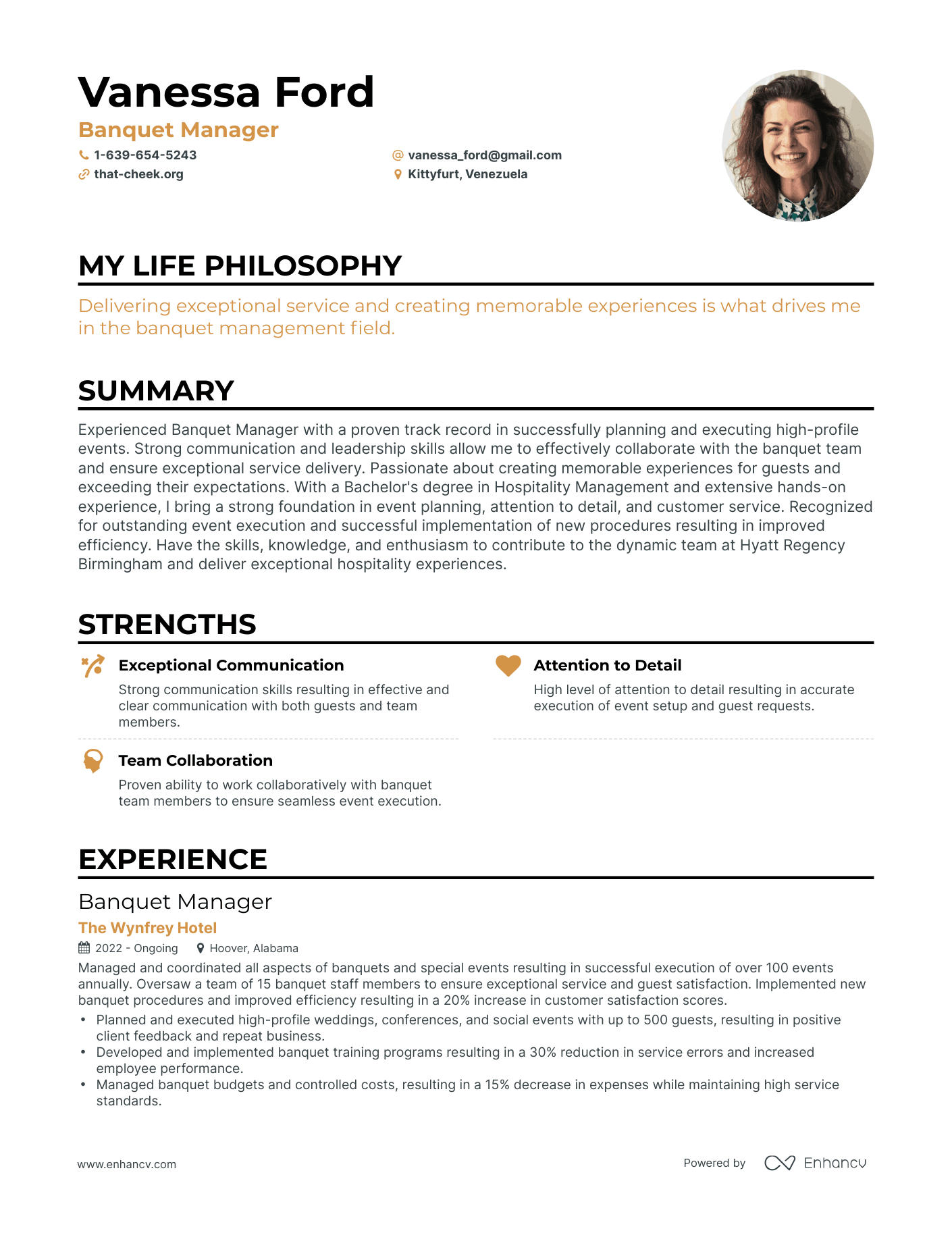 Creative Banquet Manager Resume Example
