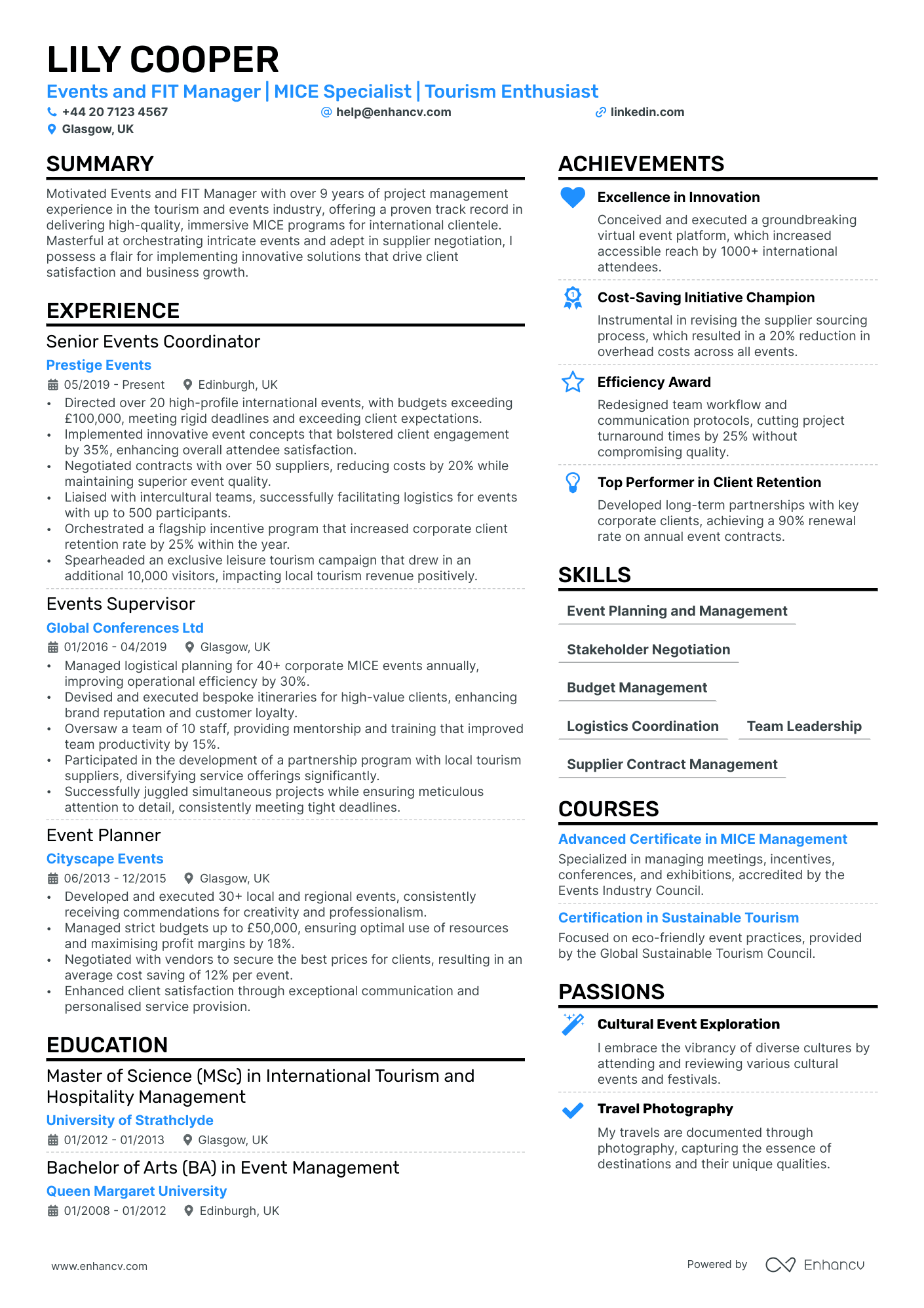 Events Manager cv example